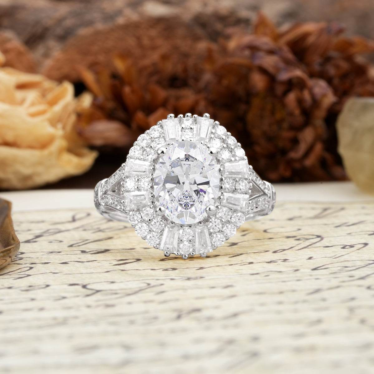 Luxurious Vintage-Style Pavé-Set Diamonds, 4-Prong Oval Cut Moissanite Engagement Ring - Additional view