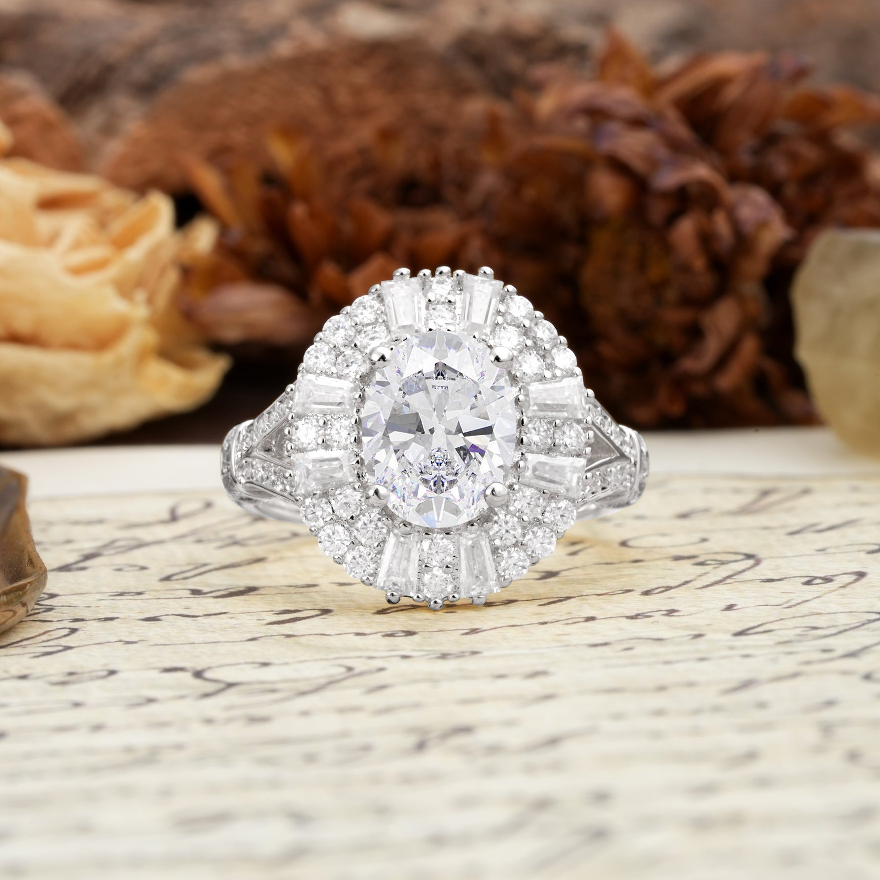 Luxurious Vintage-Style Pavé-Set Diamonds, 4-Prong Oval Cut Moissanite Engagement Ring - Additional view