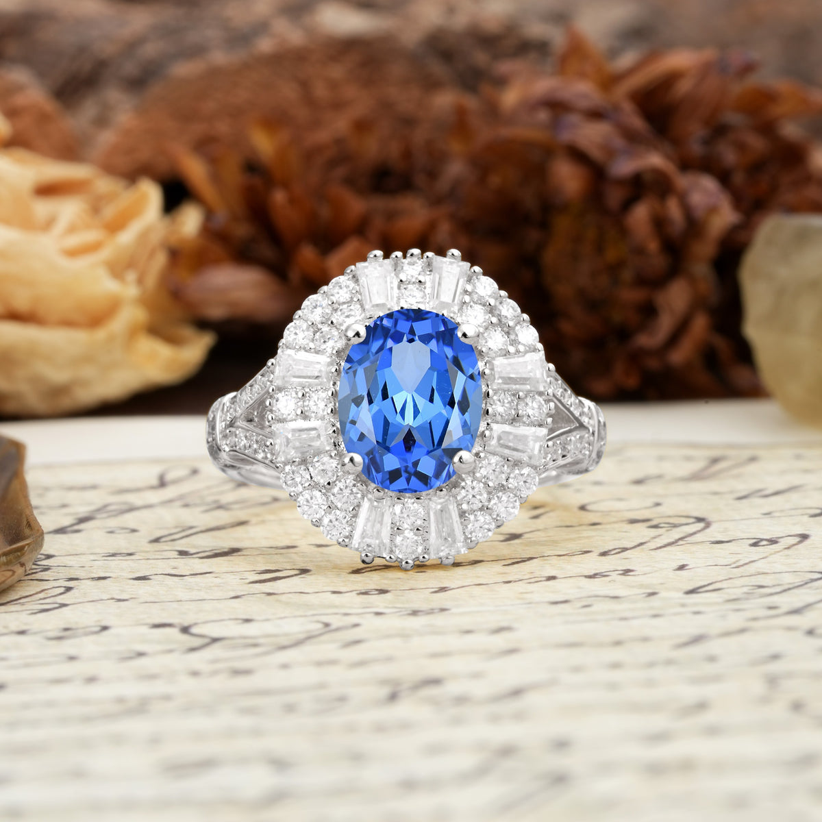 Luxurious Vintage-Style Pavé-Set Diamonds, 4-Prong Oval Cut Sapphire Engagement Ring - Additional view