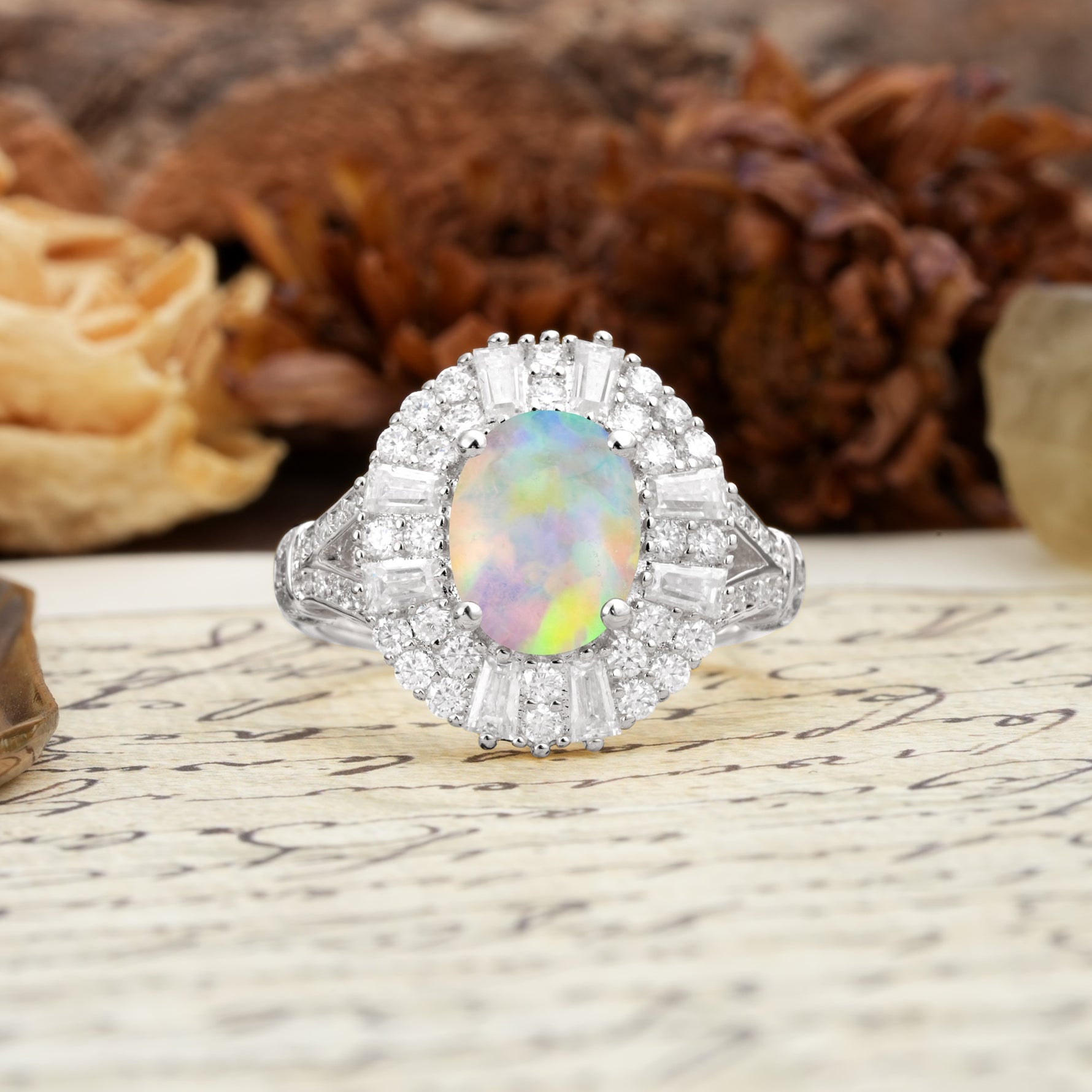 Luxurious Vintage-Style Pavé-Set Diamonds, 4-Prong Oval Cut Fire Opal Engagement Ring - Additional view