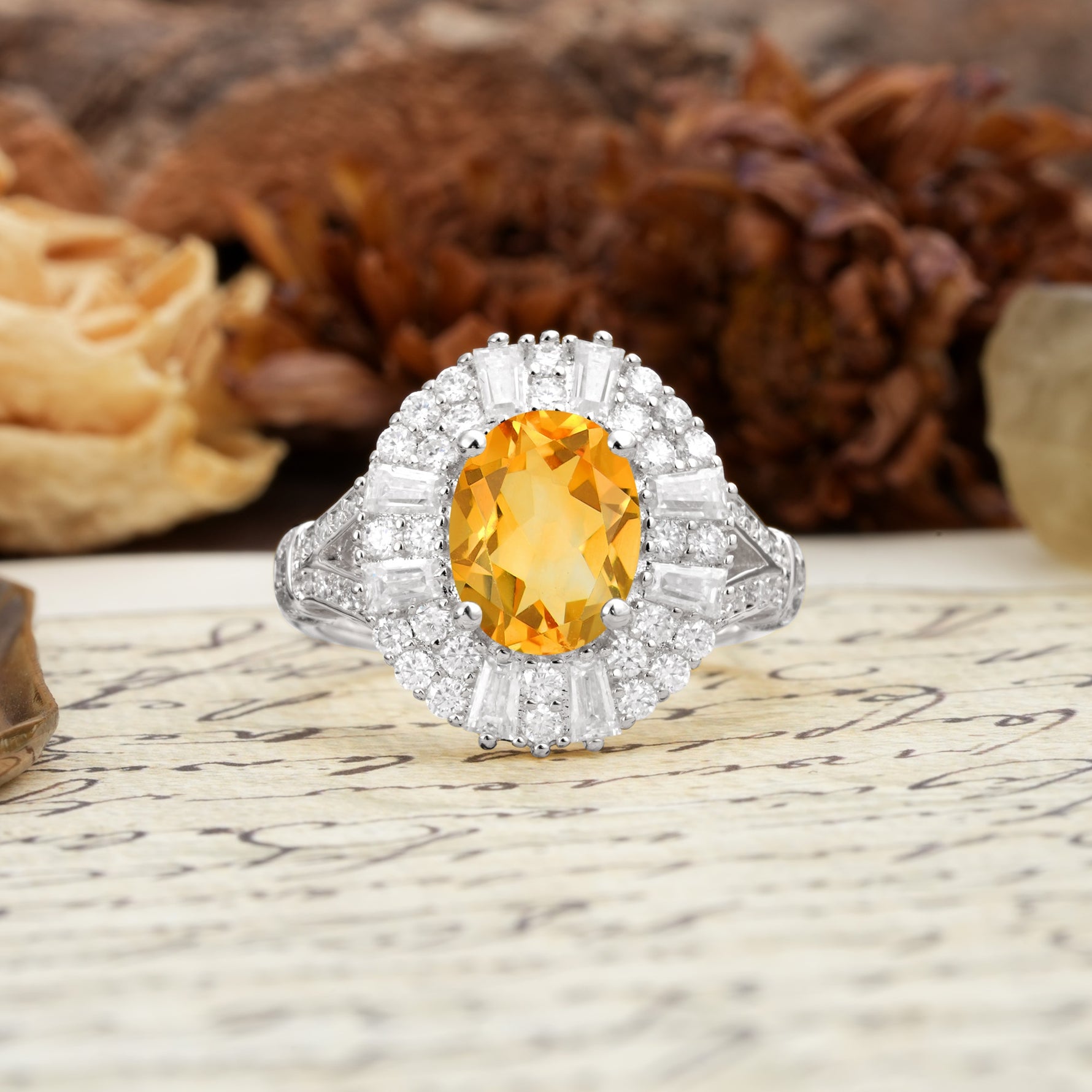 Luxurious Vintage-Style Pavé-Set Diamonds, 4-Prong Oval Cut Citrine Engagement Ring - Additional view