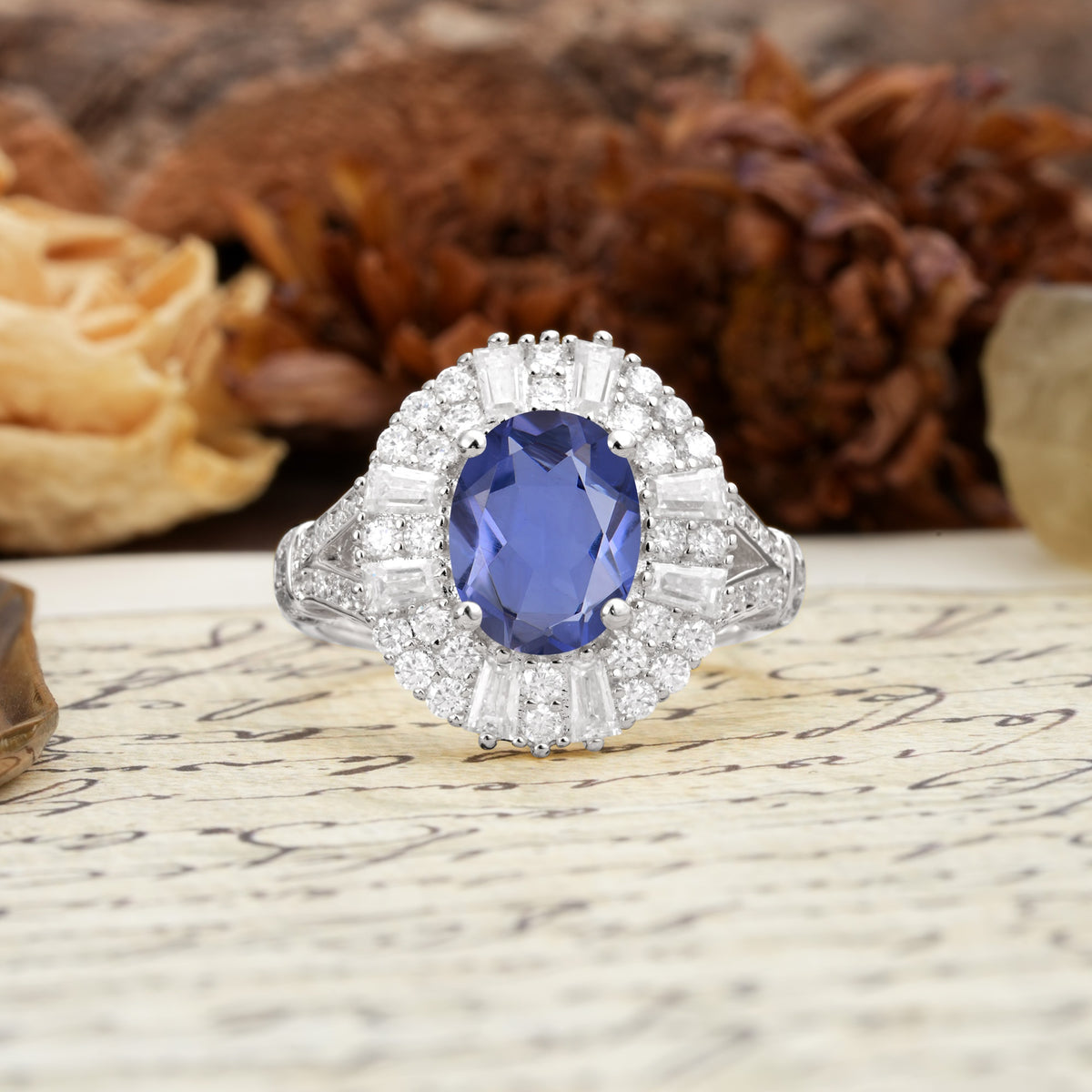 Luxurious Vintage-Style Pavé-Set Diamonds, 4-Prong Oval Cut Tanzanite Engagement Ring - Additional view