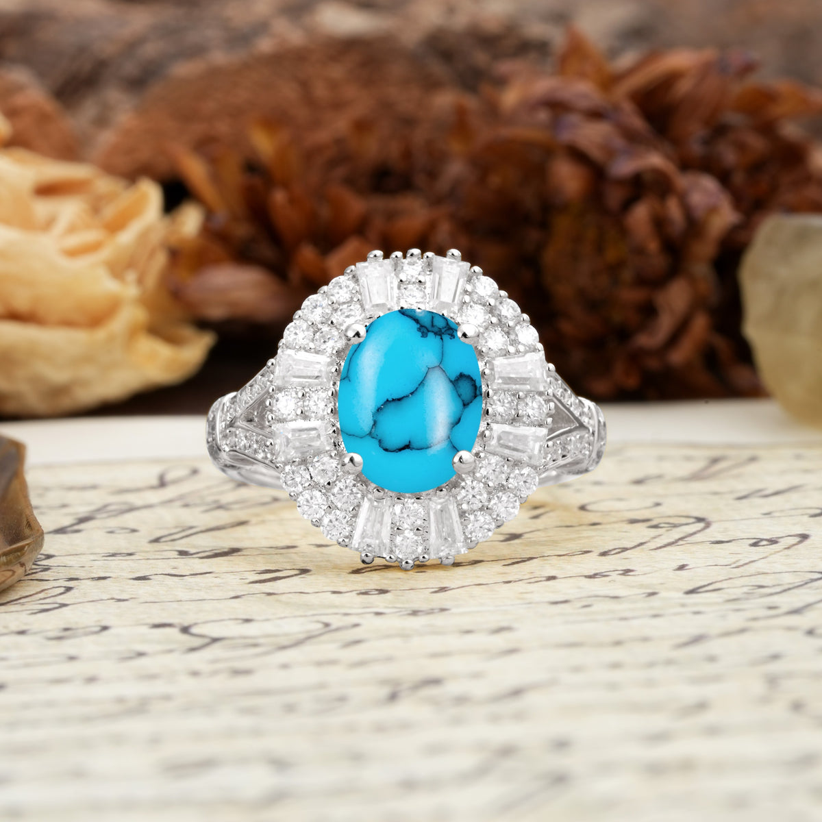 Luxurious Vintage-Style Pavé-Set Diamonds, 4-Prong Oval Cut Turquoise Engagement Ring - Additional view