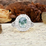 Luxurious Vintage-Style Pavé-Set Diamonds, 4-Prong Oval Cut Moss Agate Engagement Ring - Additional view