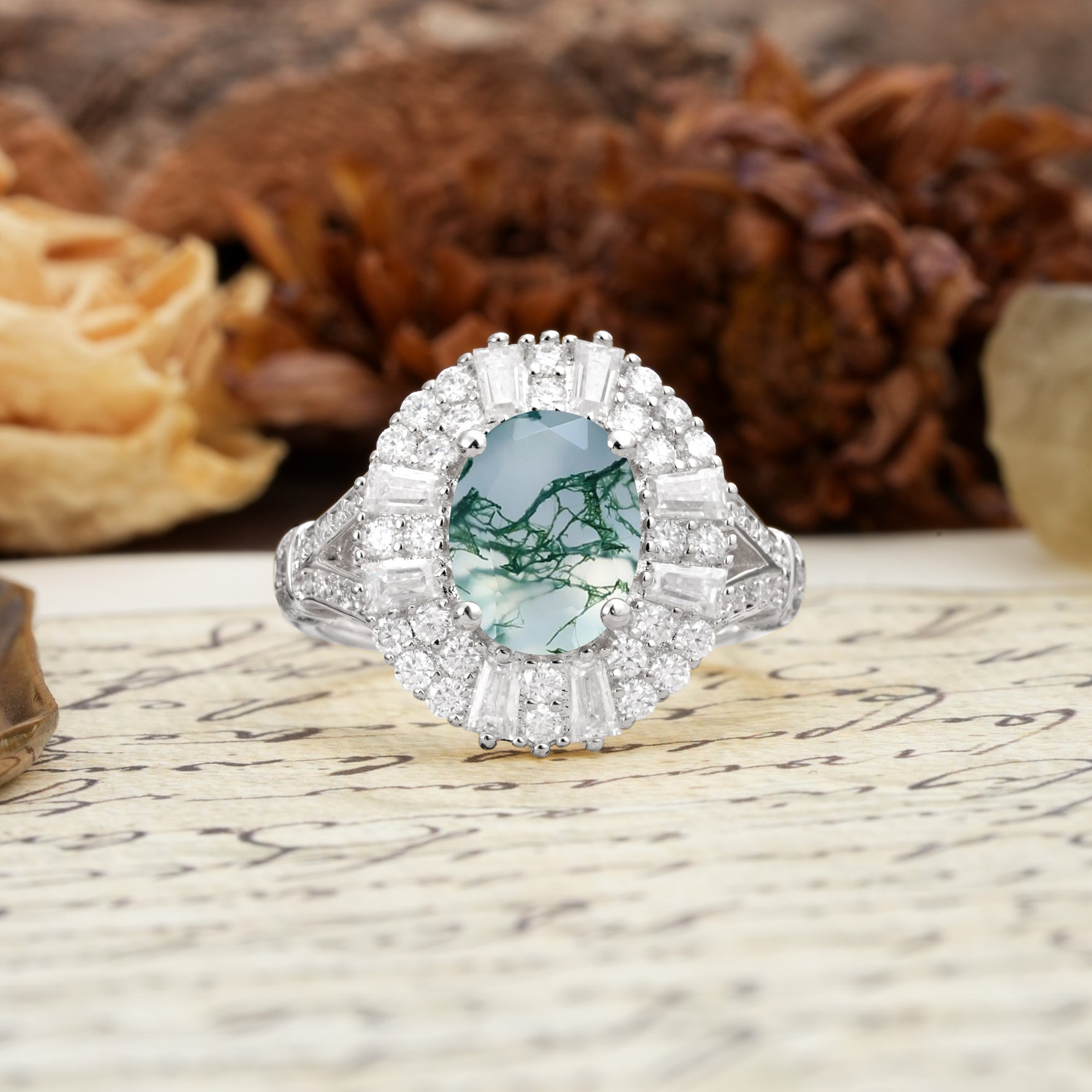 Luxurious Vintage-Style Pavé-Set Diamonds, 4-Prong Oval Cut Moss Agate Engagement Ring - Additional view