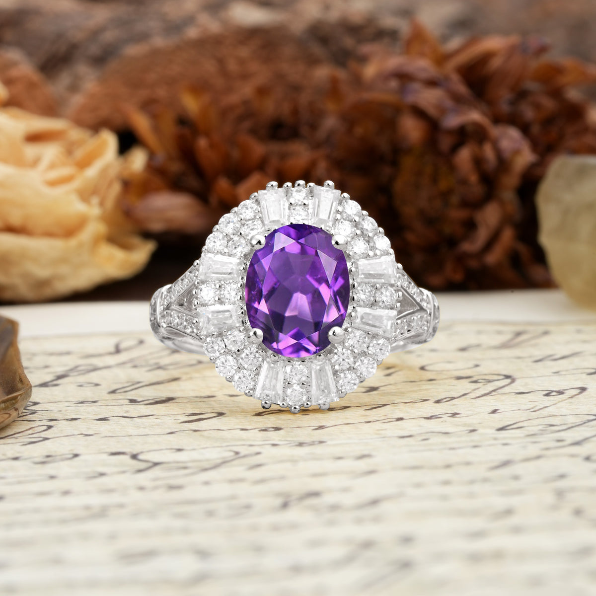 Luxurious Vintage-Style Pavé-Set Diamonds, 4-Prong Oval Cut Amethyst Engagement Ring - Additional view