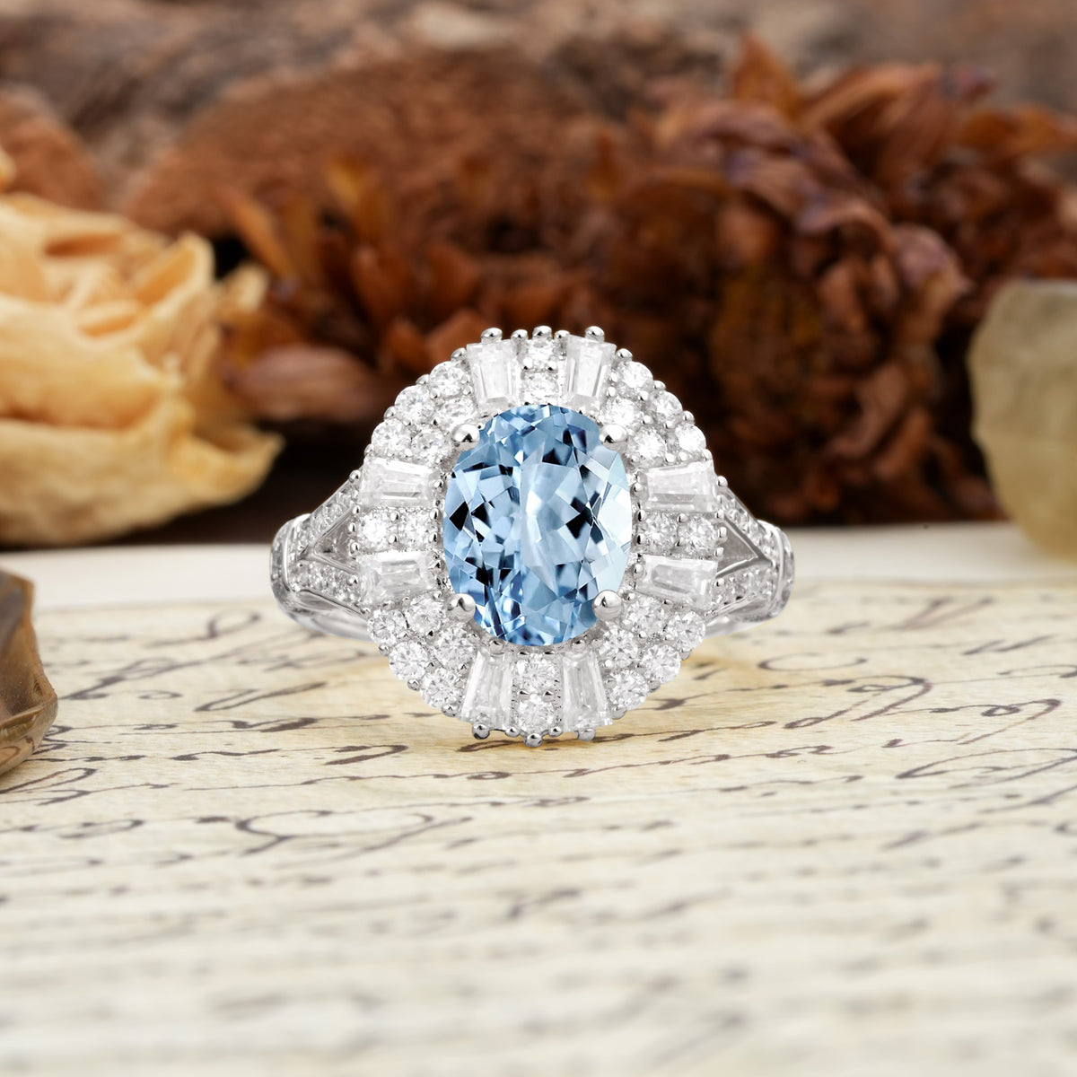 Luxurious Vintage-Style Pavé-Set Diamonds, 4-Prong Oval Cut Aquamarine Engagement Ring - Additional view