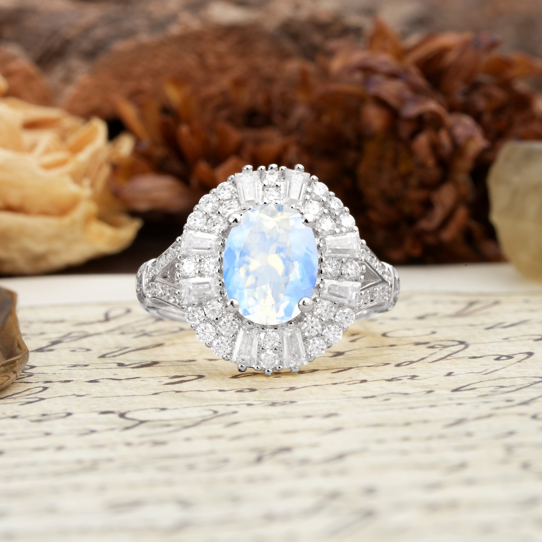 Luxurious Vintage-Style Pavé-Set Diamonds, 4-Prong Oval Cut Moonstone Engagement Ring - Additional view