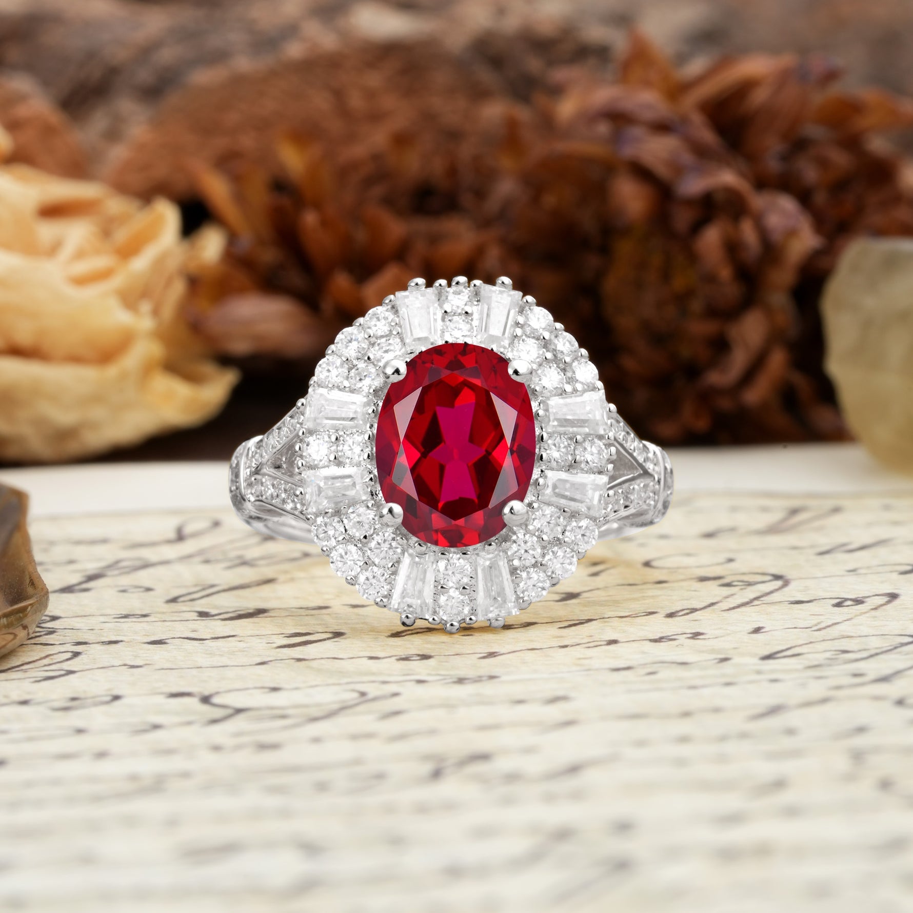 Luxurious Vintage-Style Pavé-Set Diamonds, 4-Prong Oval Cut Ruby Engagement Ring - Additional view