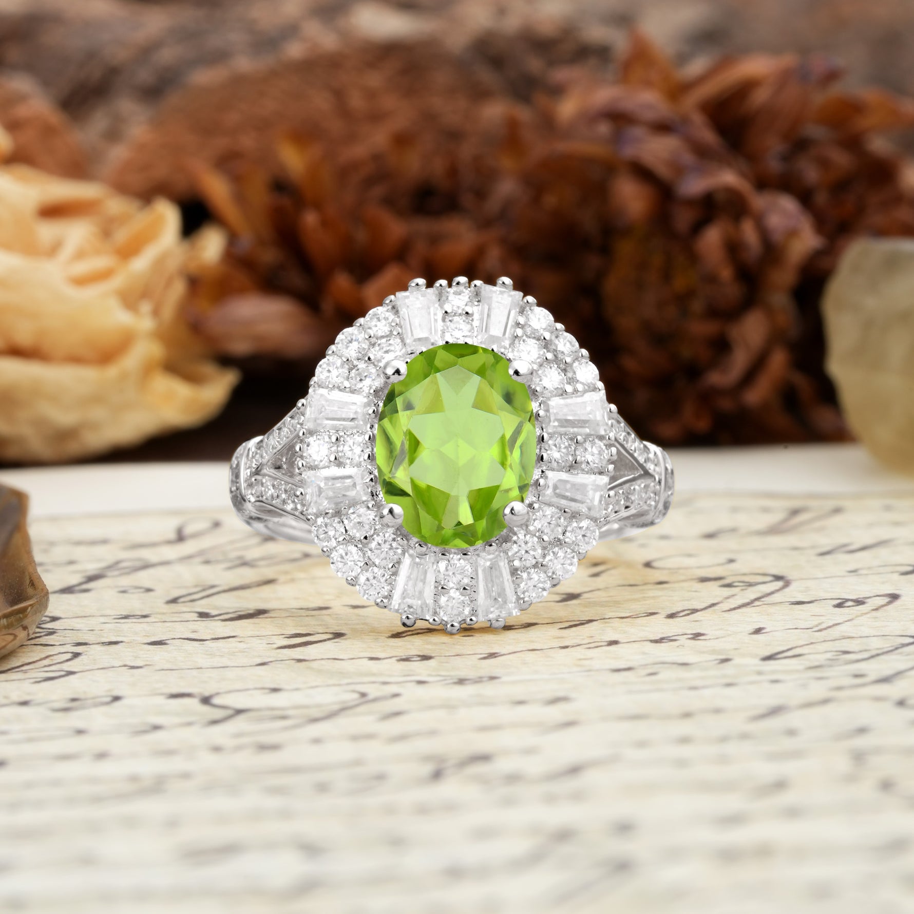 Luxurious Vintage-Style Pavé-Set Diamonds, 4-Prong Oval Cut Peridot Engagement Ring - Additional view
