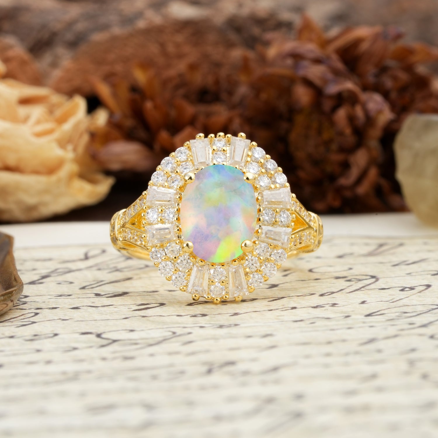 Luxurious Vintage-Style Pavé-Set Diamonds, 4-Prong Oval Cut Fire Opal Engagement Ring - Additional view