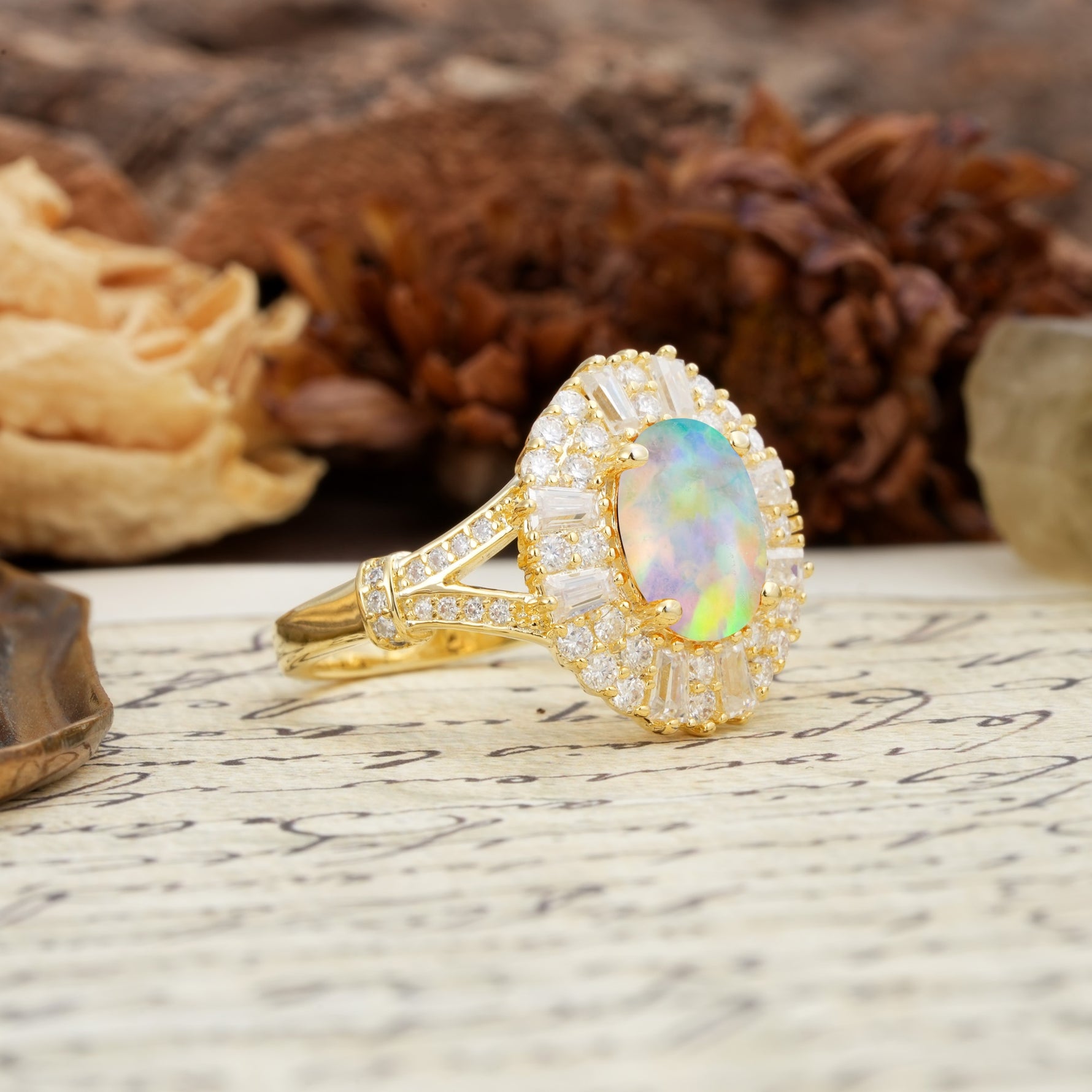 Luxurious Vintage-Style Pavé-Set Diamonds, 4-Prong Oval Cut Fire Opal Engagement Ring - Additional view