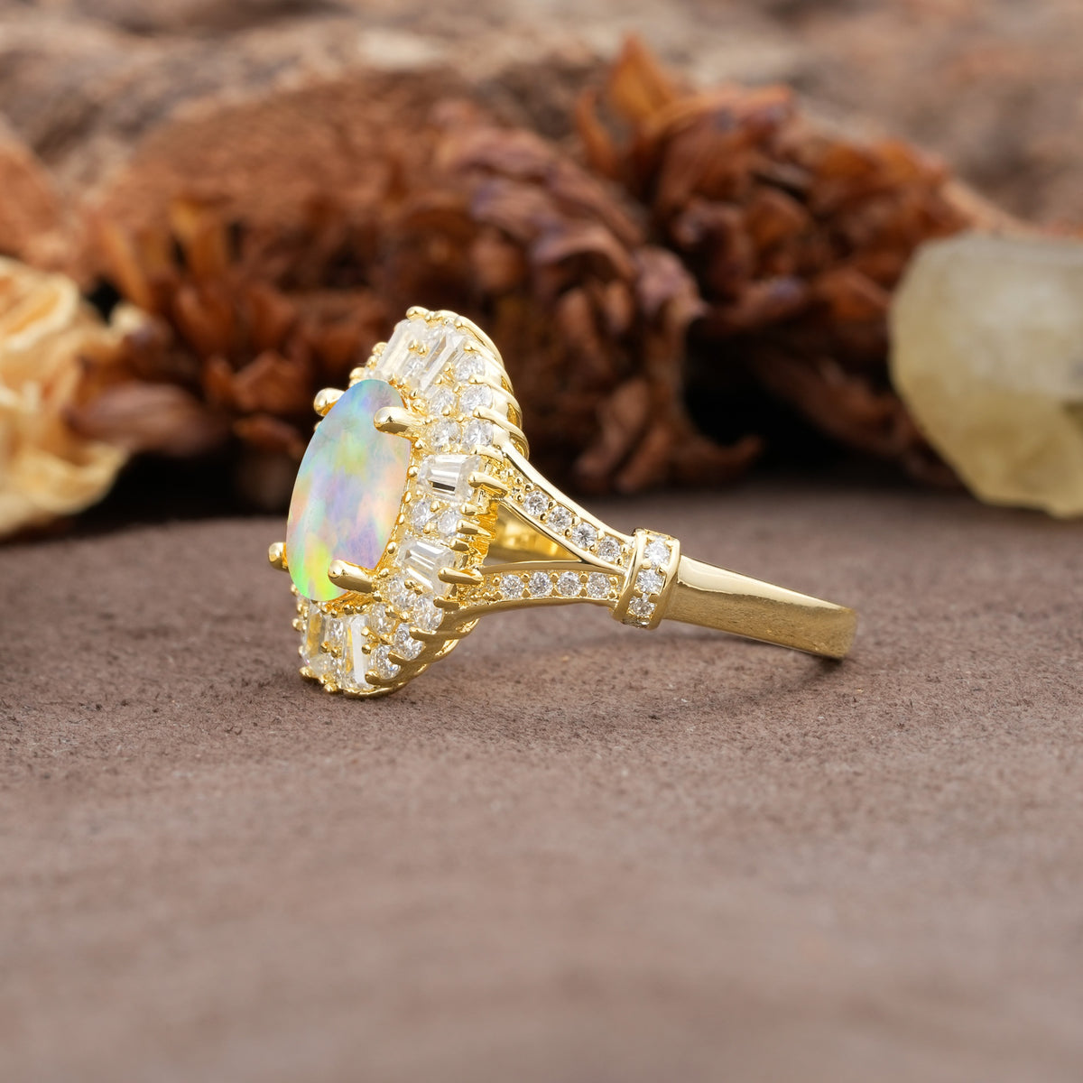 Luxurious Vintage-Style Pavé-Set Diamonds, 4-Prong Oval Cut Fire Opal Engagement Ring - Additional view