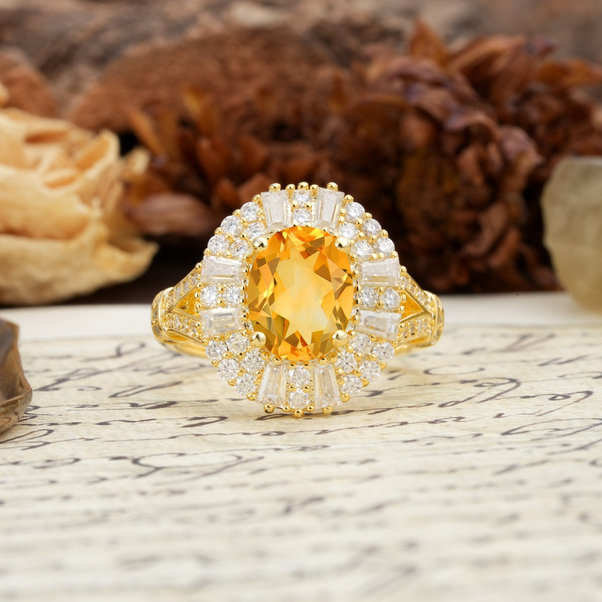Luxurious Vintage-Style Pavé-Set Diamonds, 4-Prong Oval Cut Citrine Engagement Ring - Additional view