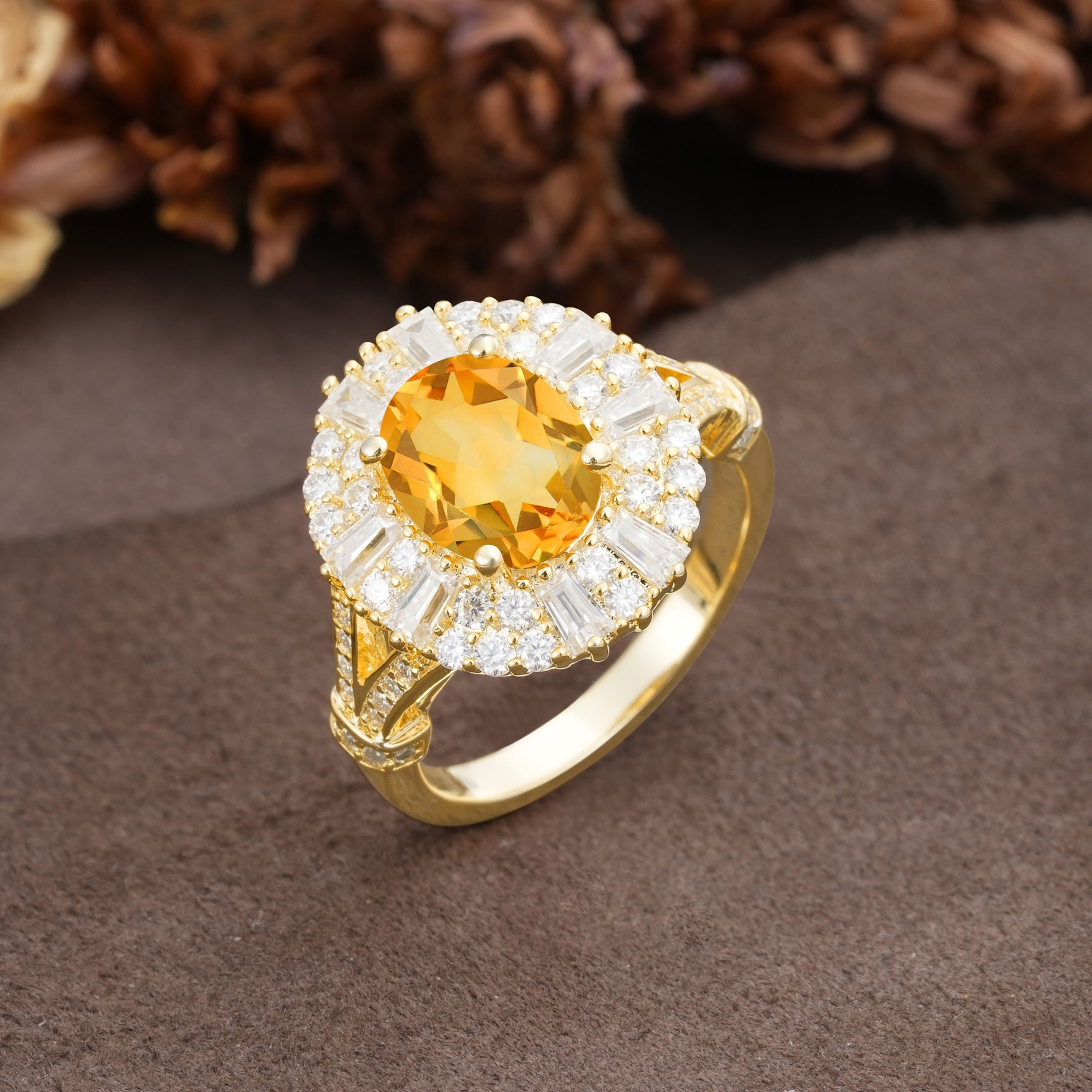 Luxurious Vintage-Style Pavé-Set Diamonds, 4-Prong Oval Cut Citrine Engagement Ring - Additional view