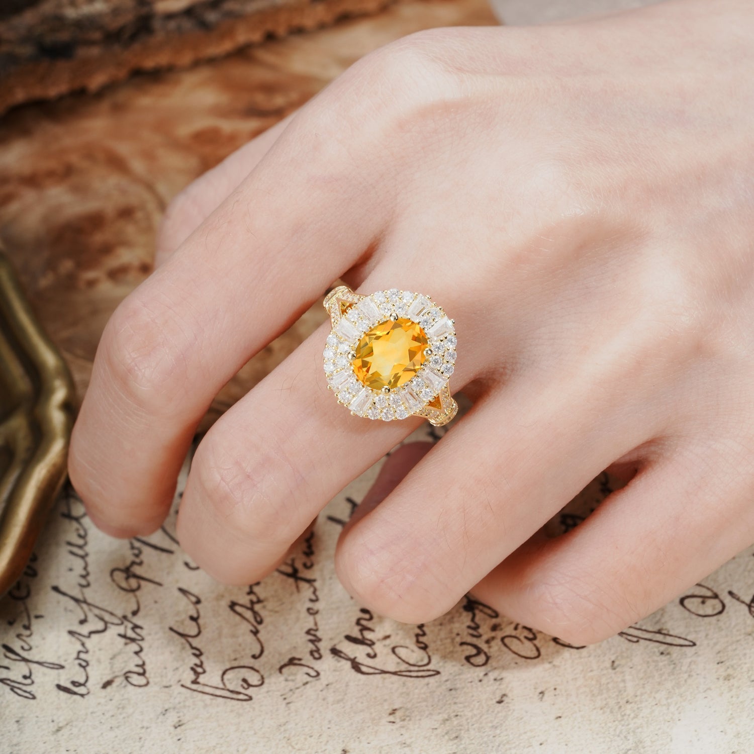 Luxurious Vintage-Style Pavé-Set Diamonds, 4-Prong Oval Cut Citrine Engagement Ring - Additional view