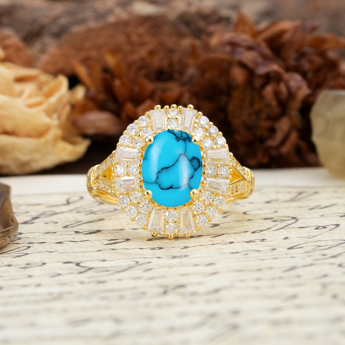 Luxurious Vintage-Style Pavé-Set Diamonds, 4-Prong Oval Cut Turquoise Engagement Ring - Additional view