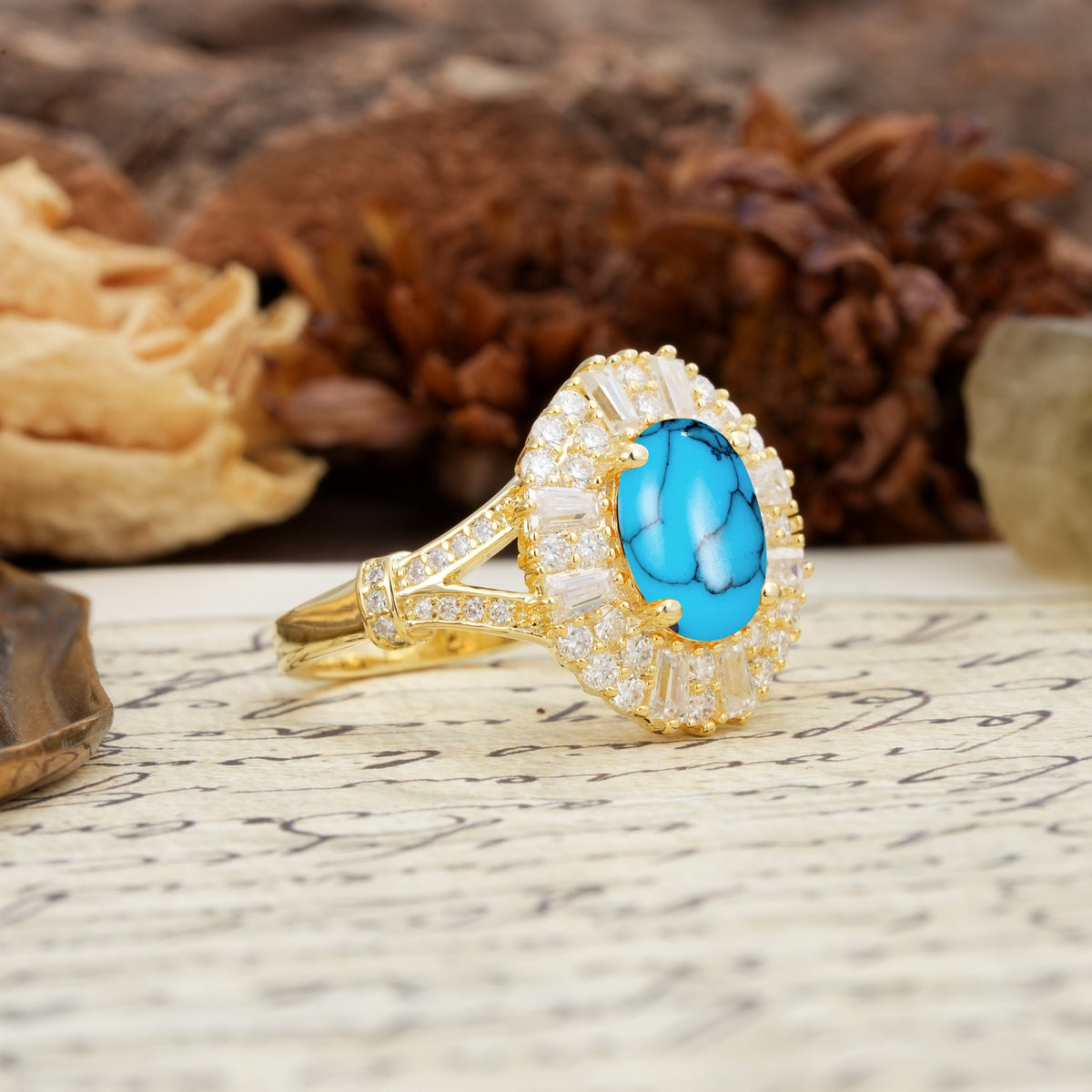 Luxurious Vintage-Style Pavé-Set Diamonds, 4-Prong Oval Cut Turquoise Engagement Ring - Additional view