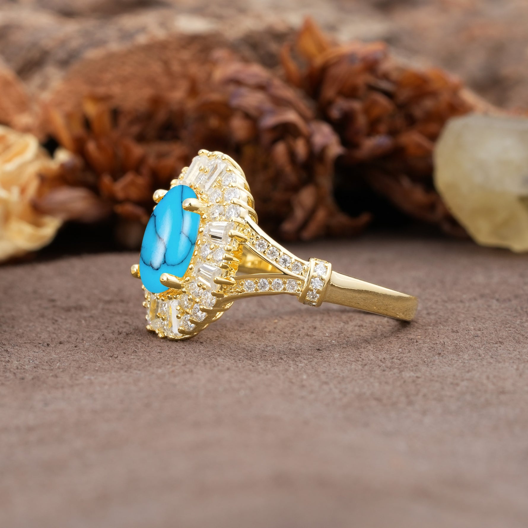 Luxurious Vintage-Style Pavé-Set Diamonds, 4-Prong Oval Cut Turquoise Engagement Ring - Additional view