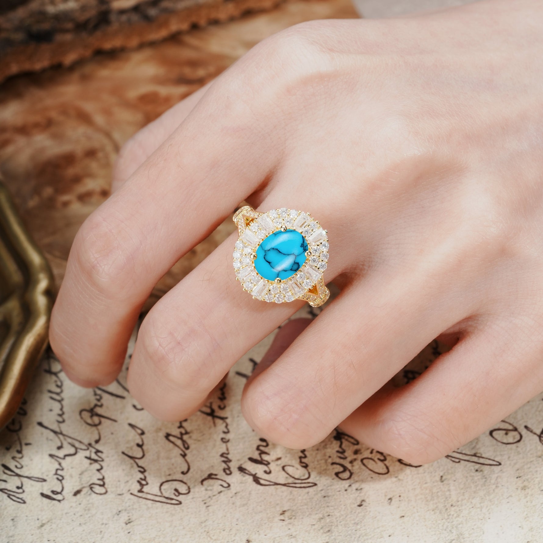 Luxurious Vintage-Style Pavé-Set Diamonds, 4-Prong Oval Cut Turquoise Engagement Ring - Additional view