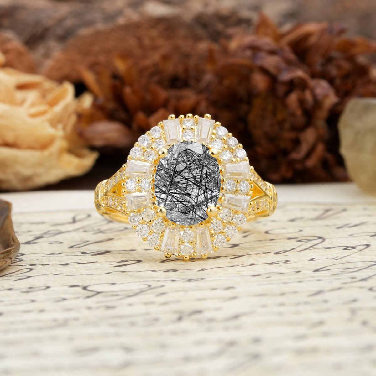 Luxurious Vintage-Style Pavé-Set Diamonds, 4-Prong Oval Cut Black Rutilated Quartz Engagement Ring - Additional view