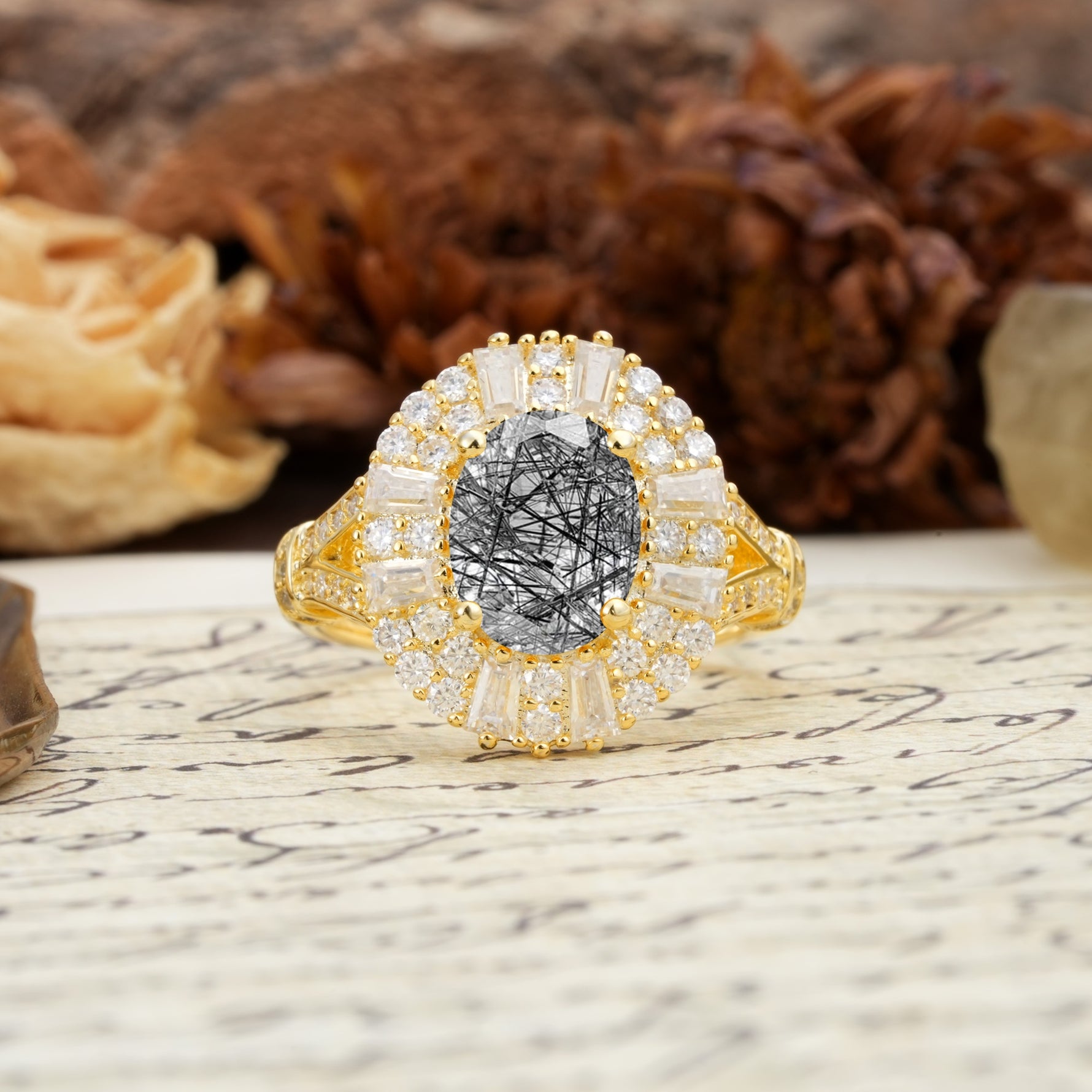 Luxurious Vintage-Style Pavé-Set Diamonds, 4-Prong Oval Cut Black Rutilated Quartz Engagement Ring - Additional view