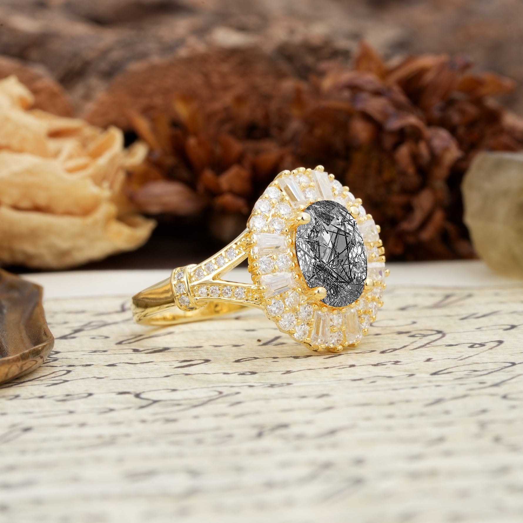 Luxurious Vintage-Style Pavé-Set Diamonds, 4-Prong Oval Cut Black Rutilated Quartz Engagement Ring - Additional view
