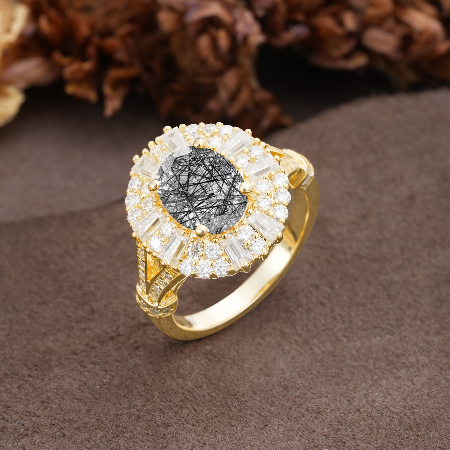 Luxurious Vintage-Style Pavé-Set Diamonds, 4-Prong Oval Cut Black Rutilated Quartz Engagement Ring - Additional view