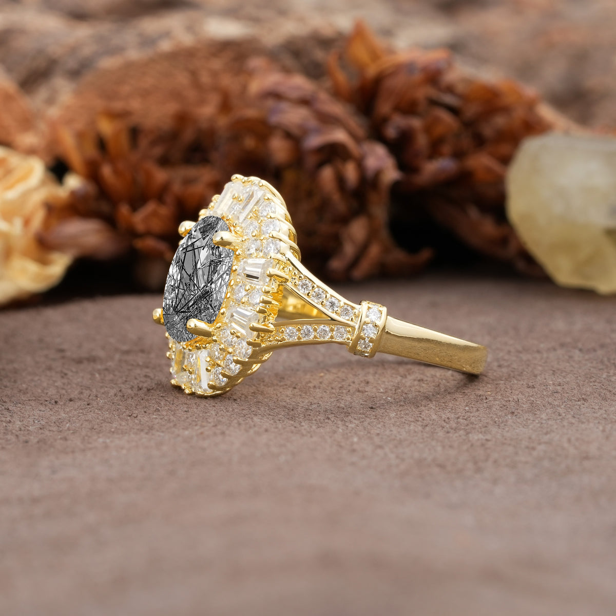 Luxurious Vintage-Style Pavé-Set Diamonds, 4-Prong Oval Cut Black Rutilated Quartz Engagement Ring - Additional view