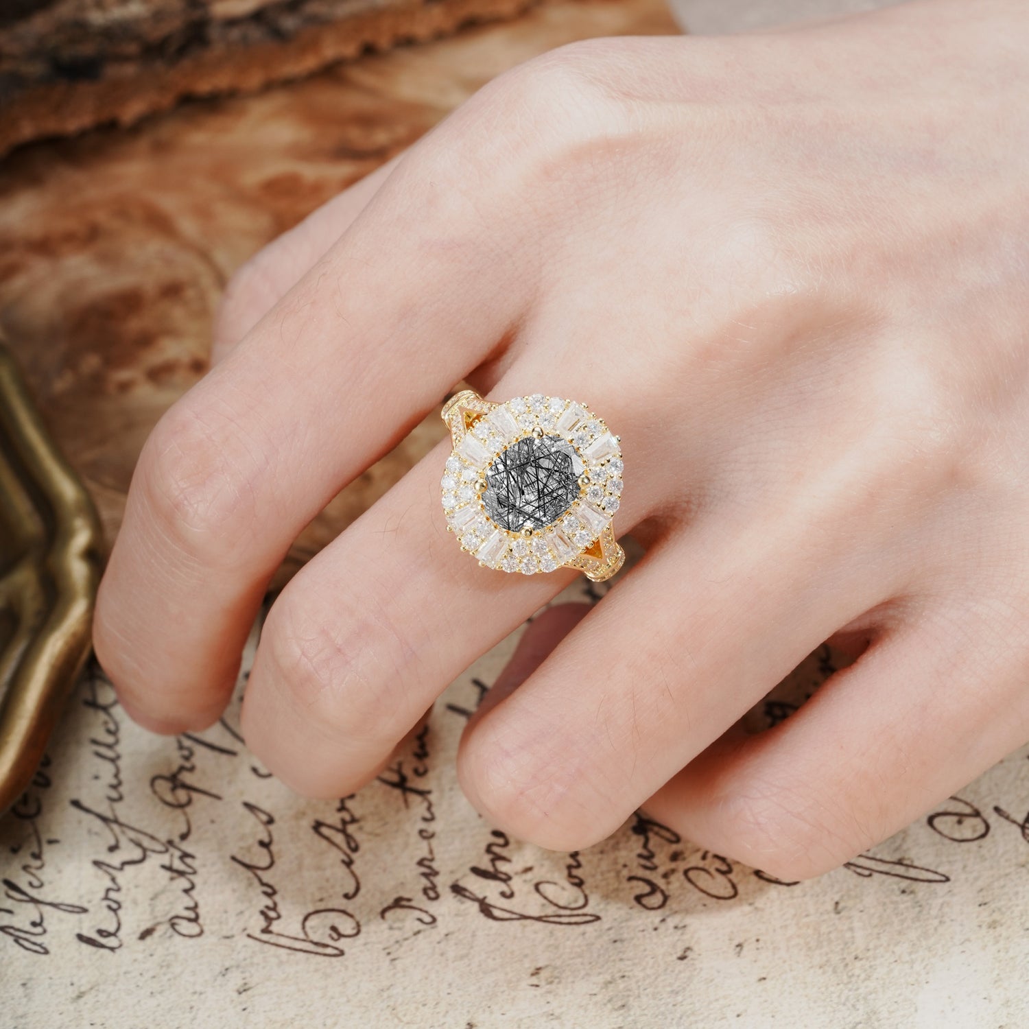 Luxurious Vintage-Style Pavé-Set Diamonds, 4-Prong Oval Cut Black Rutilated Quartz Engagement Ring - Additional view