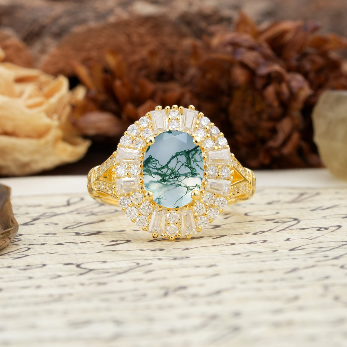 Luxurious Vintage-Style Pavé-Set Diamonds, 4-Prong Oval Cut Moss Agate Engagement Ring - Additional view