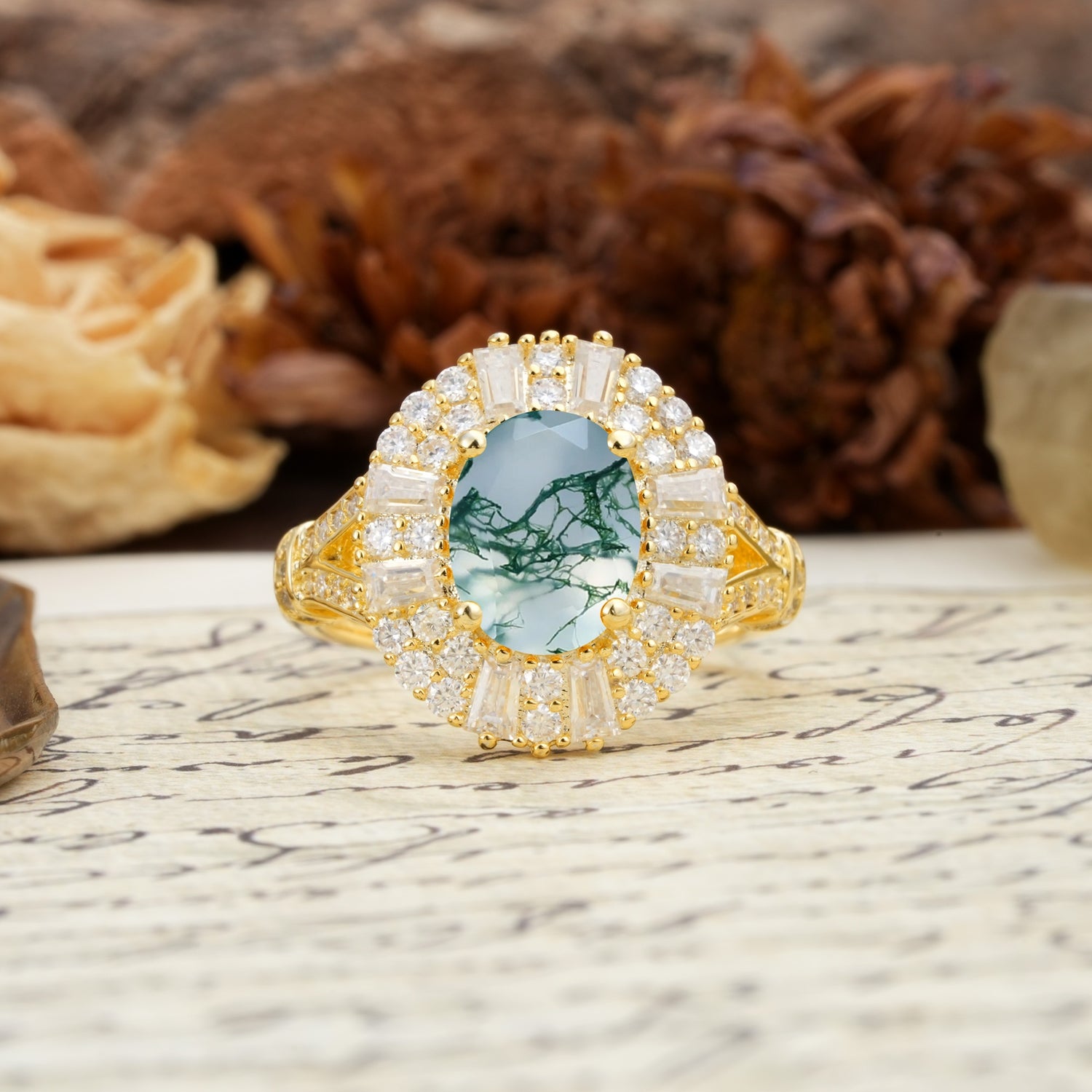 Luxurious Vintage-Style Pavé-Set Diamonds, 4-Prong Oval Cut Moss Agate Engagement Ring - Additional view