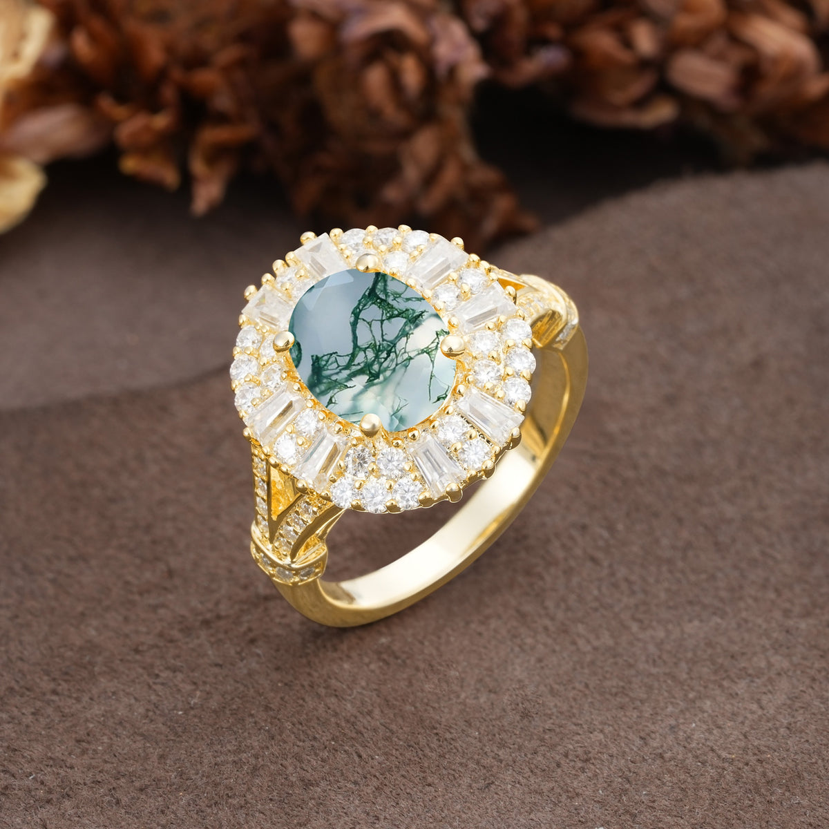 Luxurious Vintage-Style Pavé-Set Diamonds, 4-Prong Oval Cut Moss Agate Engagement Ring - Additional view