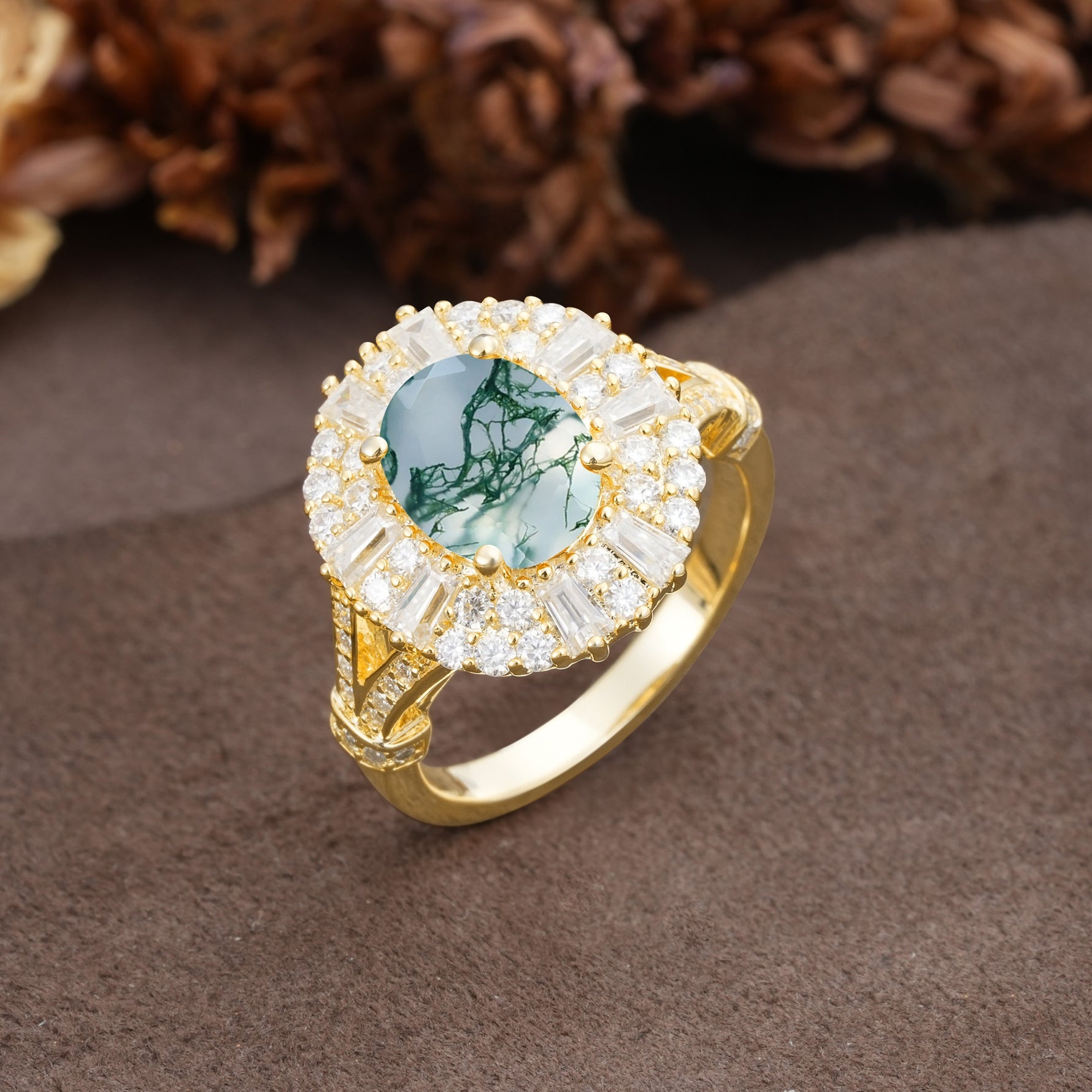 Luxurious Vintage-Style Pavé-Set Diamonds, 4-Prong Oval Cut Moss Agate Engagement Ring - Additional view