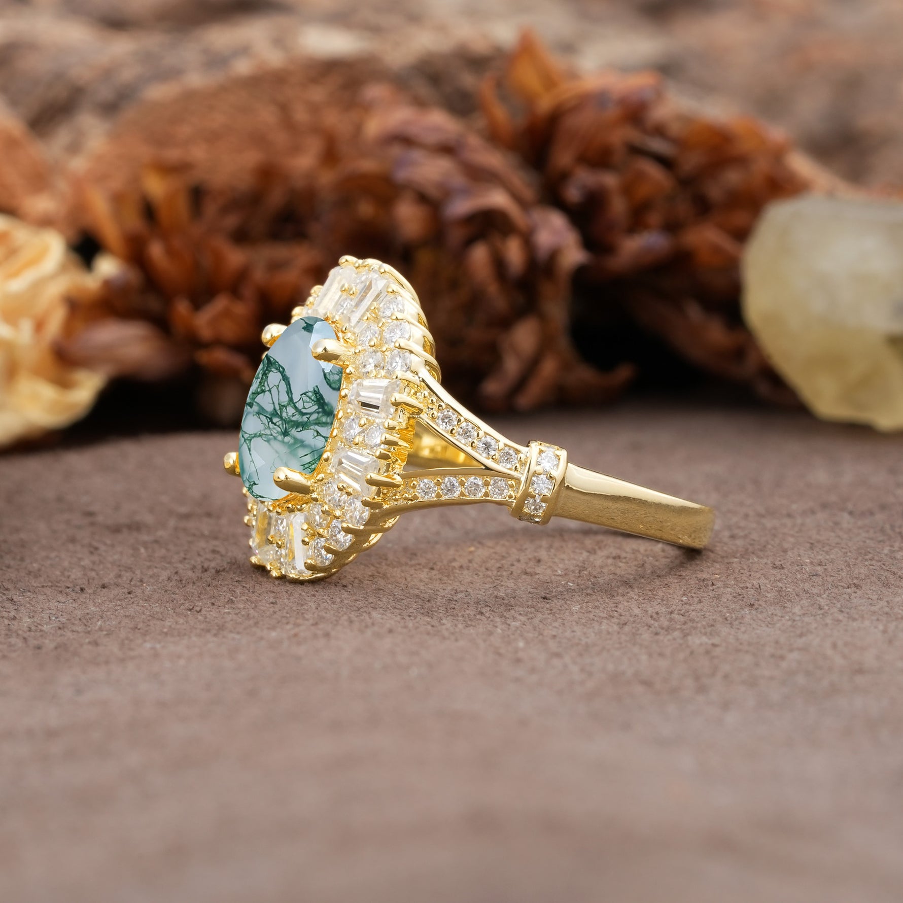 Luxurious Vintage-Style Pavé-Set Diamonds, 4-Prong Oval Cut Moss Agate Engagement Ring - Additional view