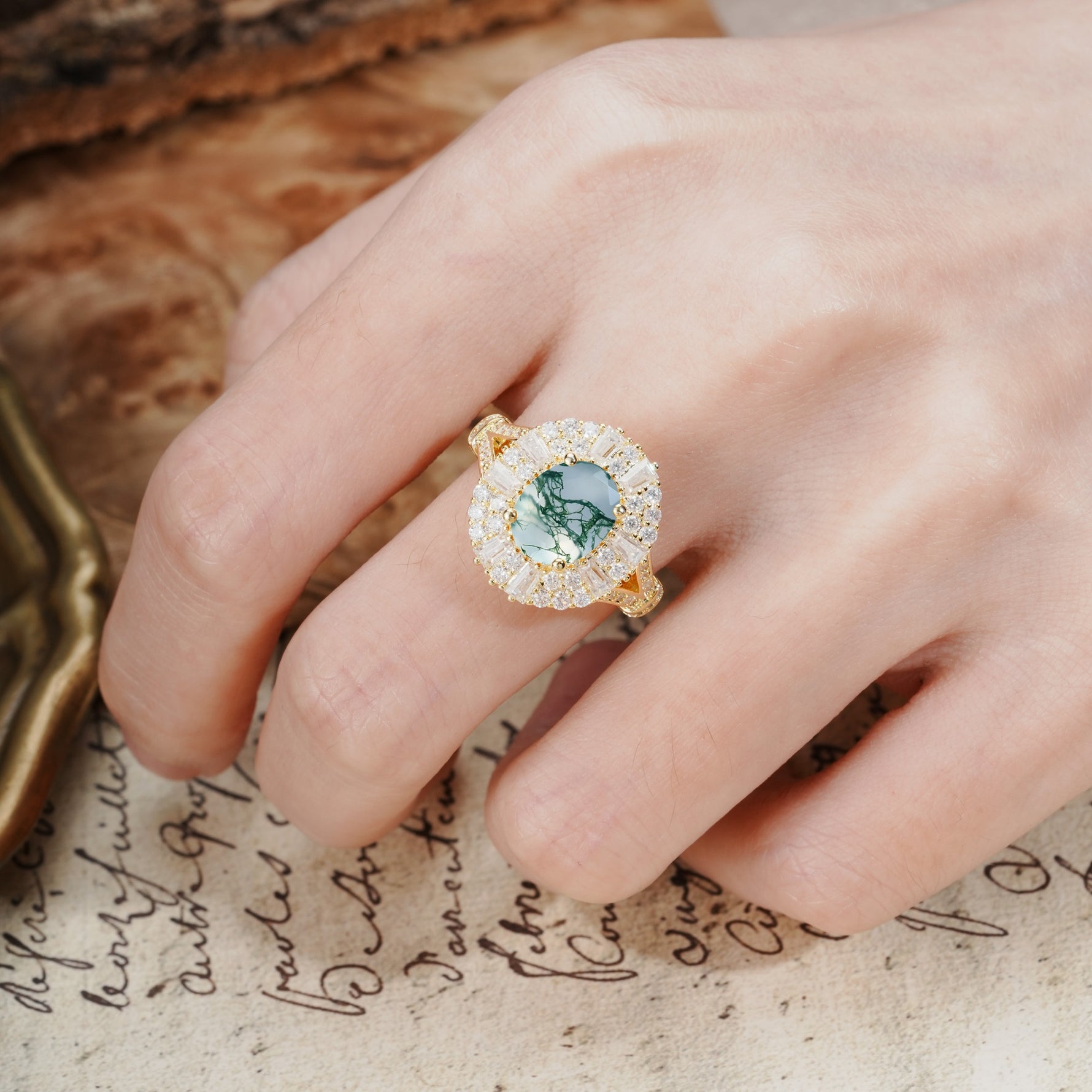 Luxurious Vintage-Style Pavé-Set Diamonds, 4-Prong Oval Cut Moss Agate Engagement Ring - Additional view