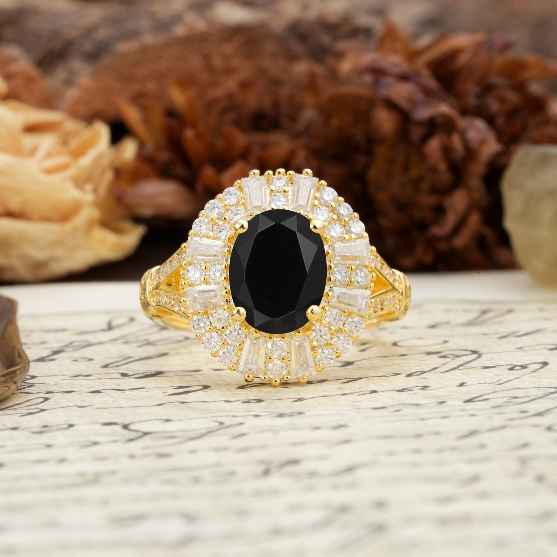 Luxurious Vintage-Style Pavé-Set Diamonds, 4-Prong Oval Cut Black Onyx Engagement Ring - Additional view
