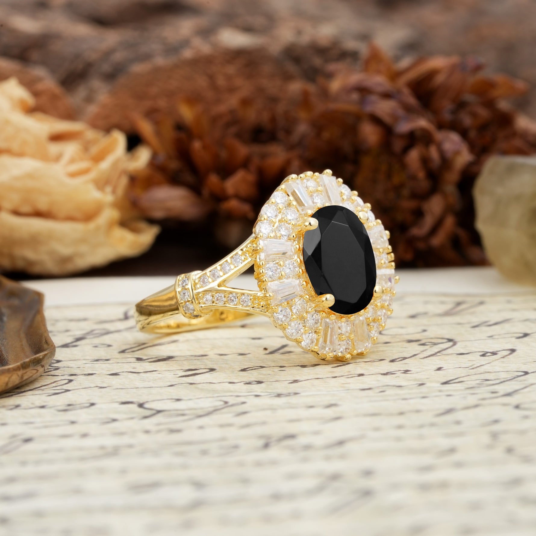 Luxurious Vintage-Style Pavé-Set Diamonds, 4-Prong Oval Cut Black Onyx Engagement Ring - Additional view