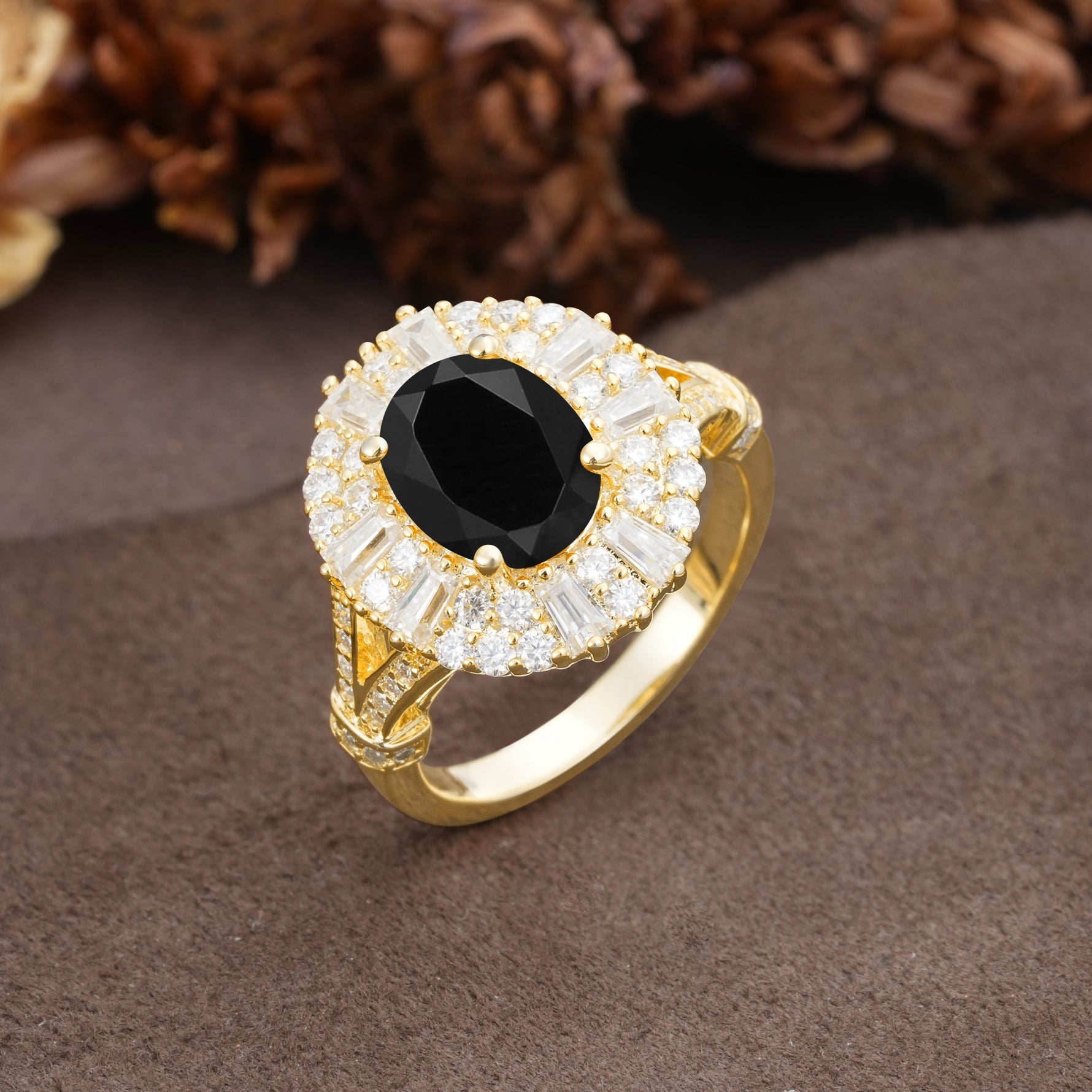 Luxurious Vintage-Style Pavé-Set Diamonds, 4-Prong Oval Cut Black Onyx Engagement Ring - Additional view