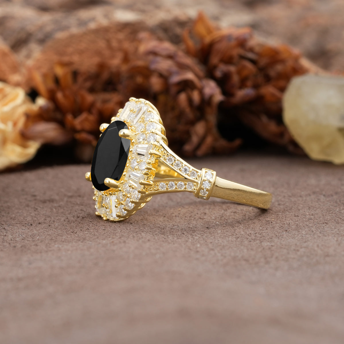 Luxurious Vintage-Style Pavé-Set Diamonds, 4-Prong Oval Cut Black Onyx Engagement Ring - Additional view