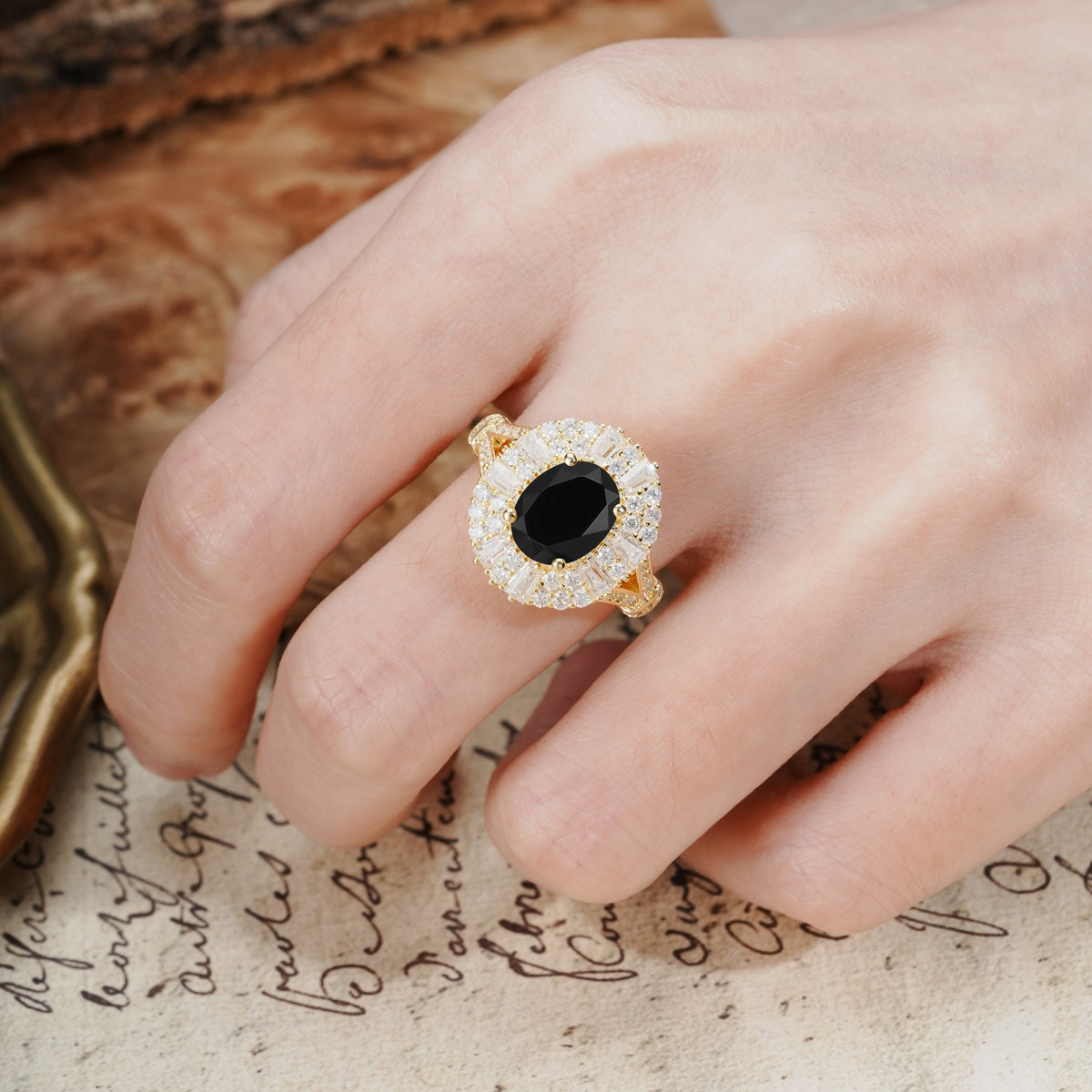 Luxurious Vintage-Style Pavé-Set Diamonds, 4-Prong Oval Cut Black Onyx Engagement Ring - Additional view