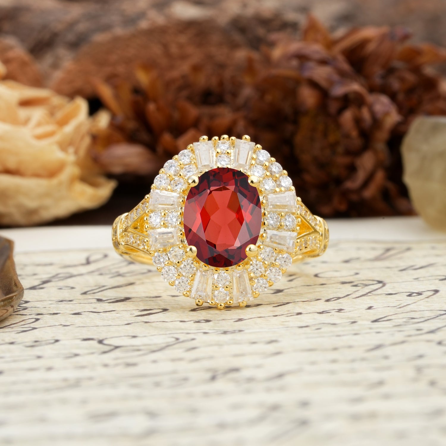 Luxurious Vintage-Style Pavé-Set Diamonds, 4-Prong Oval Cut Garnet Engagement Ring - Additional view