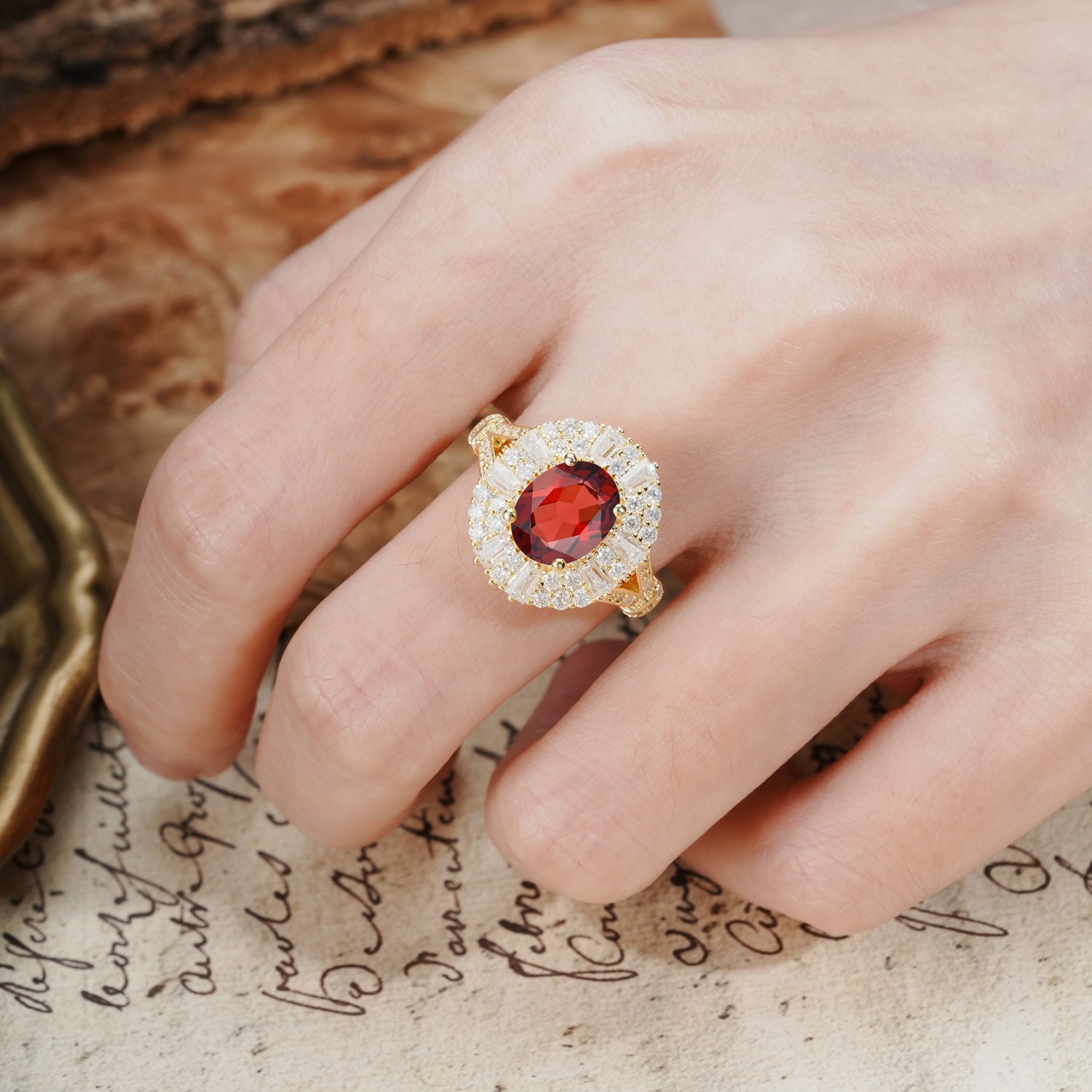 Luxurious Vintage-Style Pavé-Set Diamonds, 4-Prong Oval Cut Garnet Engagement Ring - Additional view