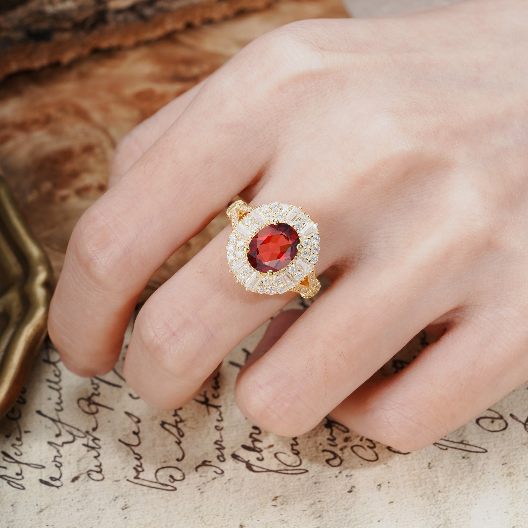 Luxurious Vintage-Style Pavé-Set Diamonds, 4-Prong Oval Cut Garnet Engagement Ring - Additional view