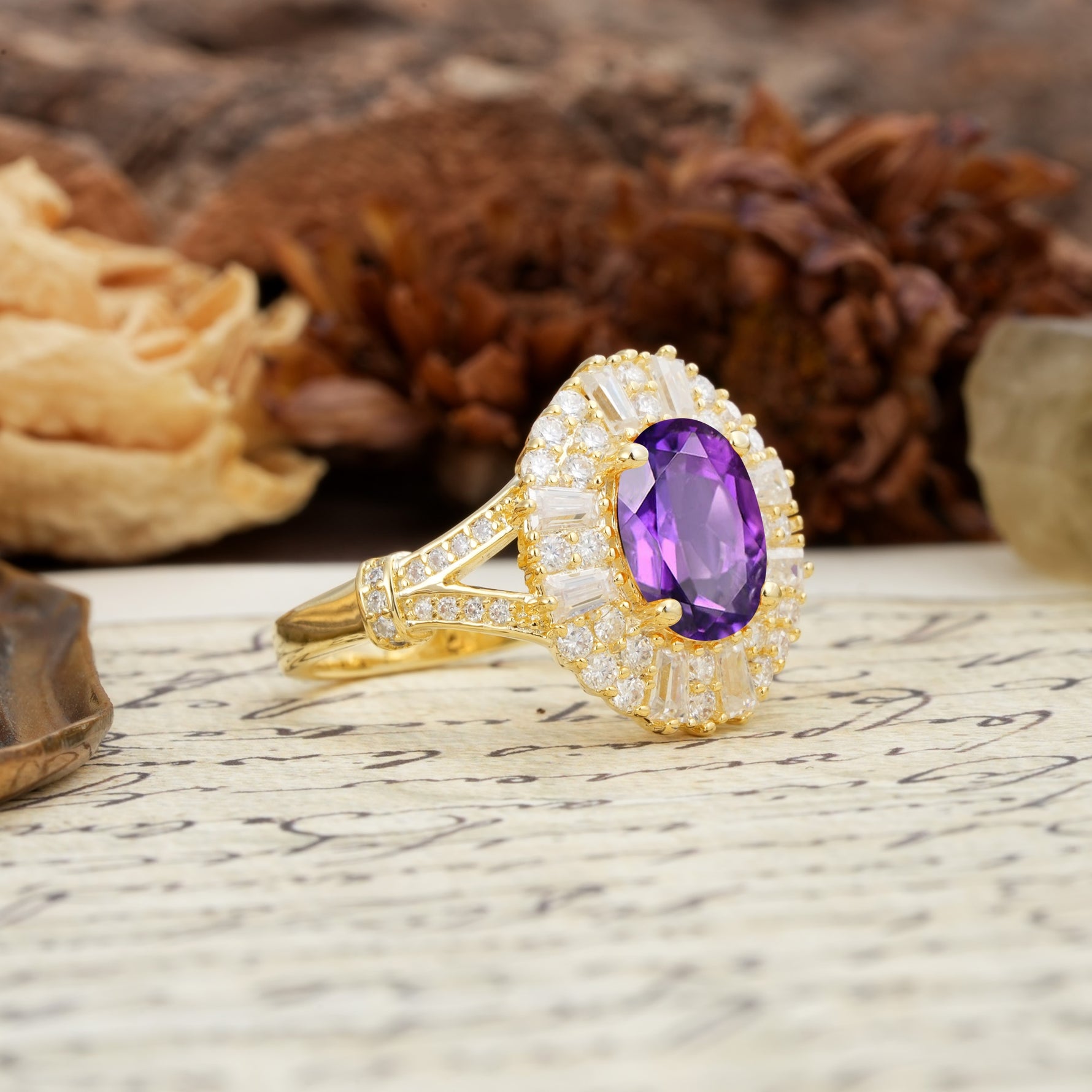 Luxurious Vintage-Style Pavé-Set Diamonds, 4-Prong Oval Cut Amethyst Engagement Ring - Additional view