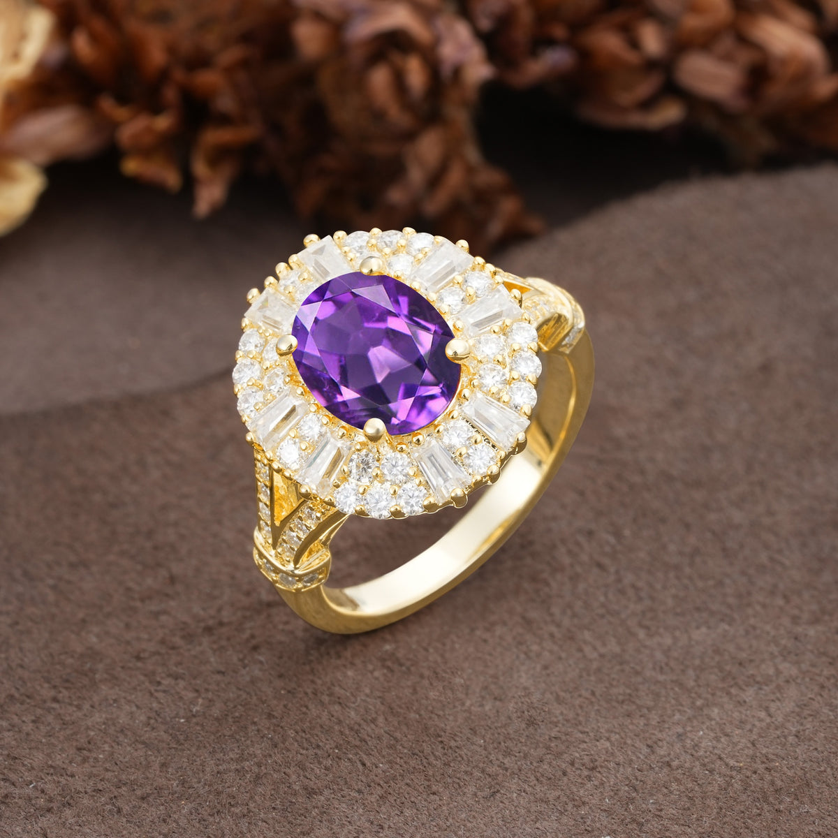 Luxurious Vintage-Style Pavé-Set Diamonds, 4-Prong Oval Cut Amethyst Engagement Ring - Additional view