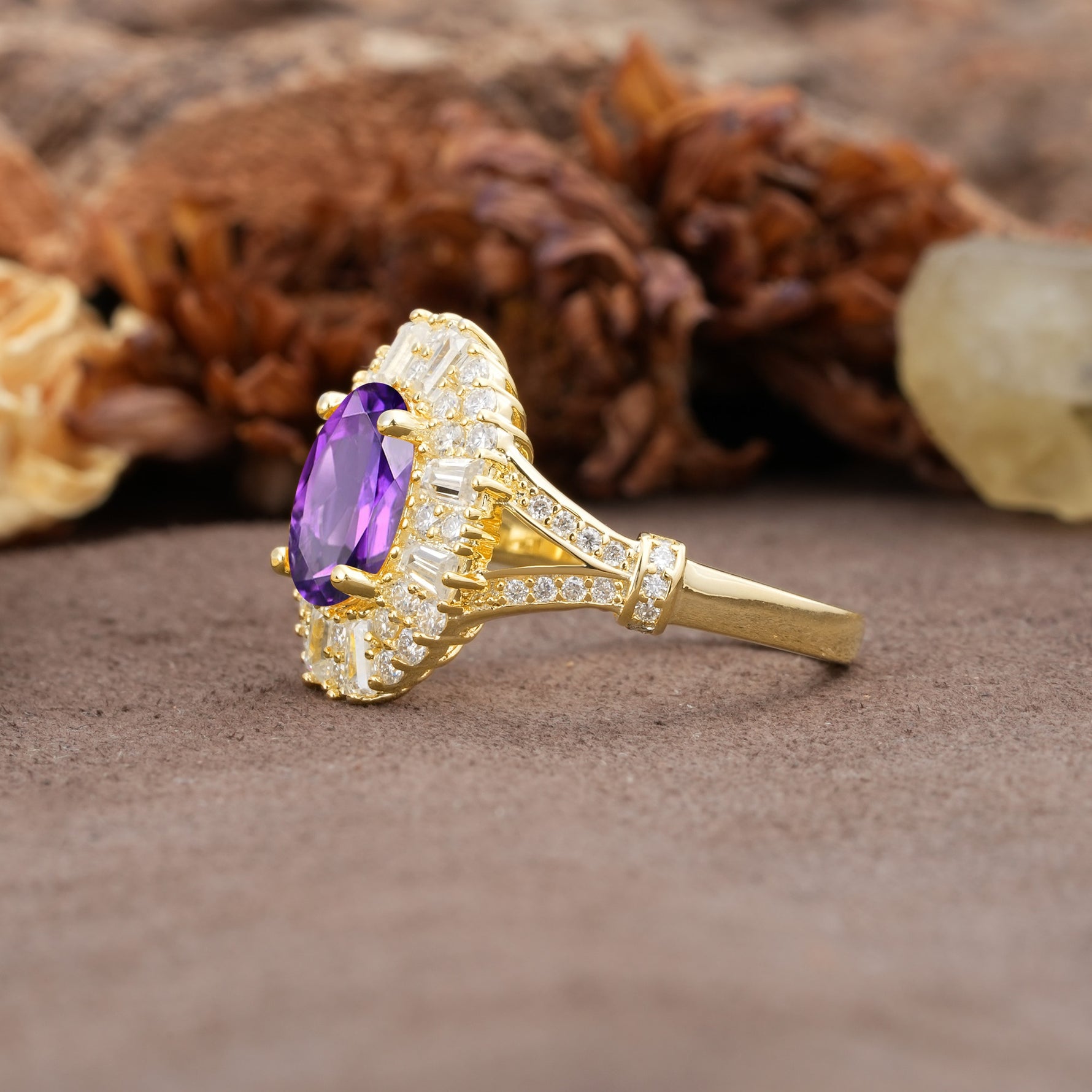 Luxurious Vintage-Style Pavé-Set Diamonds, 4-Prong Oval Cut Amethyst Engagement Ring - Additional view