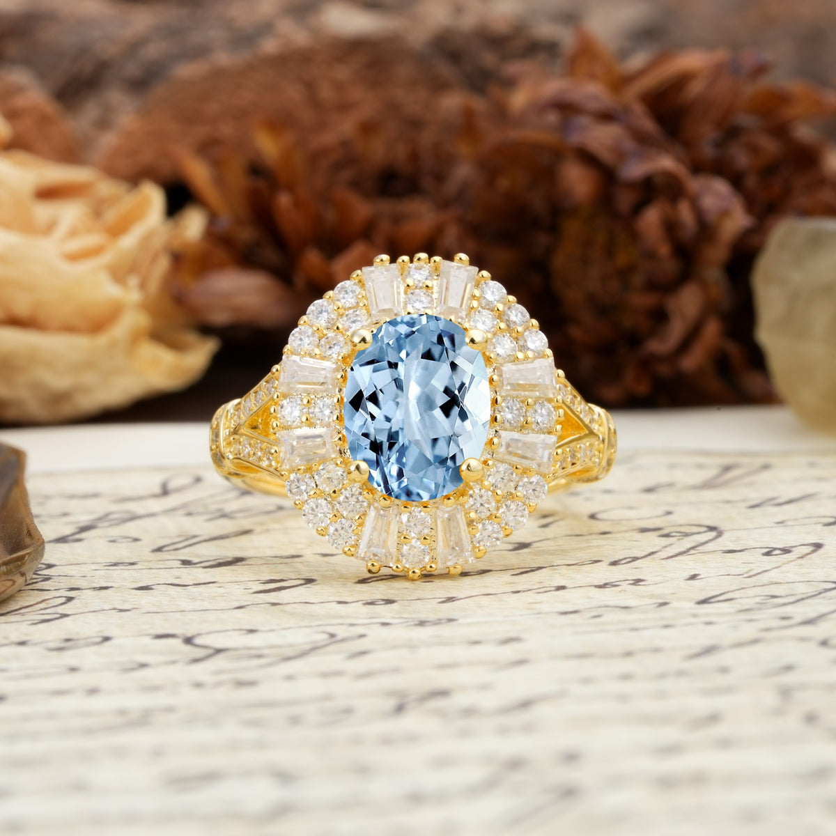 Luxurious Vintage-Style Pavé-Set Diamonds, 4-Prong Oval Cut Aquamarine Engagement Ring - Additional view