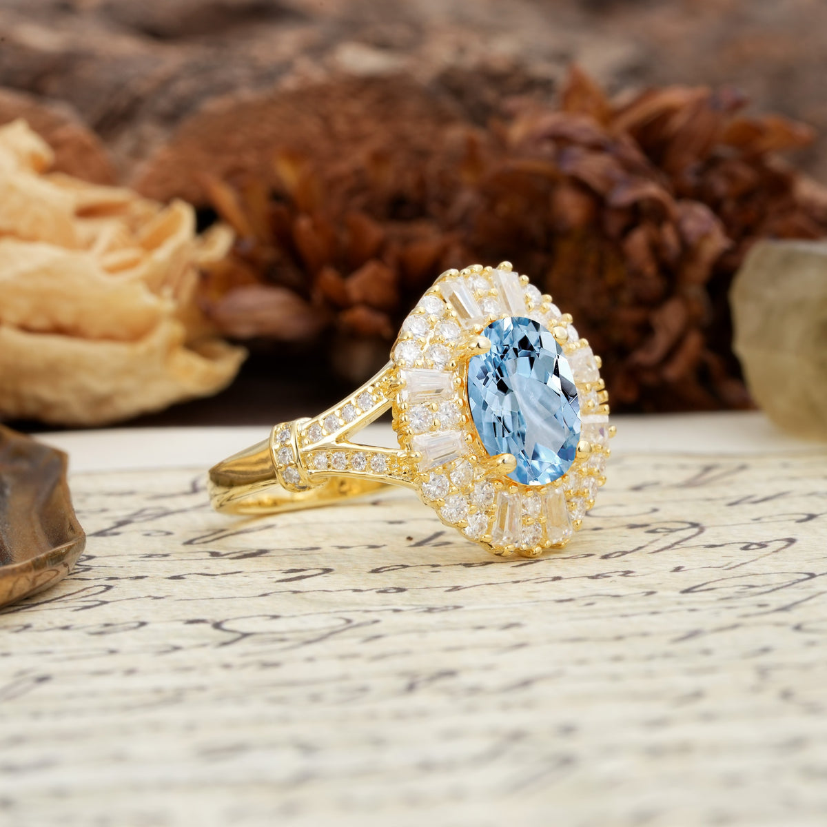 Luxurious Vintage-Style Pavé-Set Diamonds, 4-Prong Oval Cut Aquamarine Engagement Ring - Additional view