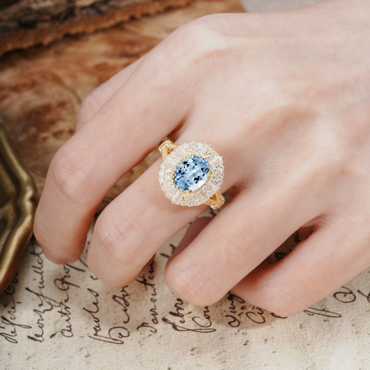 Luxurious Vintage-Style Pavé-Set Diamonds, 4-Prong Oval Cut Aquamarine Engagement Ring - Additional view